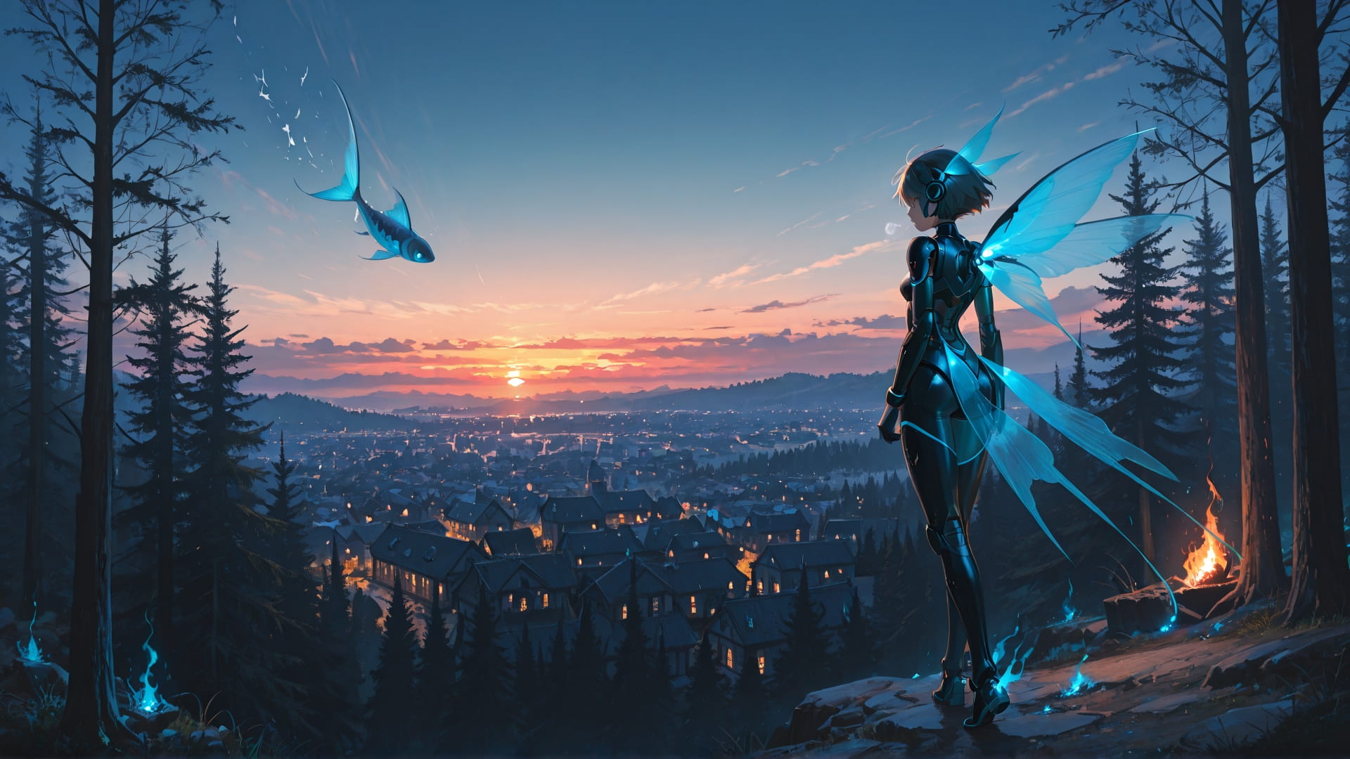 Blue Sunset City Ember smartphone wallpaper free download, vertical 16:9 format, Blue, Sunset, City, Spring