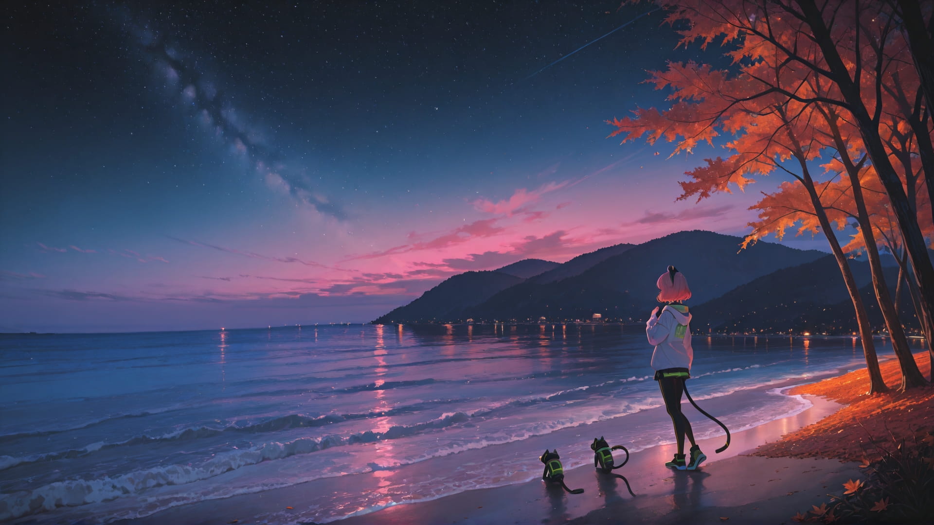 Pink Night Sea Explorecore smartphone wallpaper free download, vertical 16:9 format, Pink, Night, Sea, Autumn 001