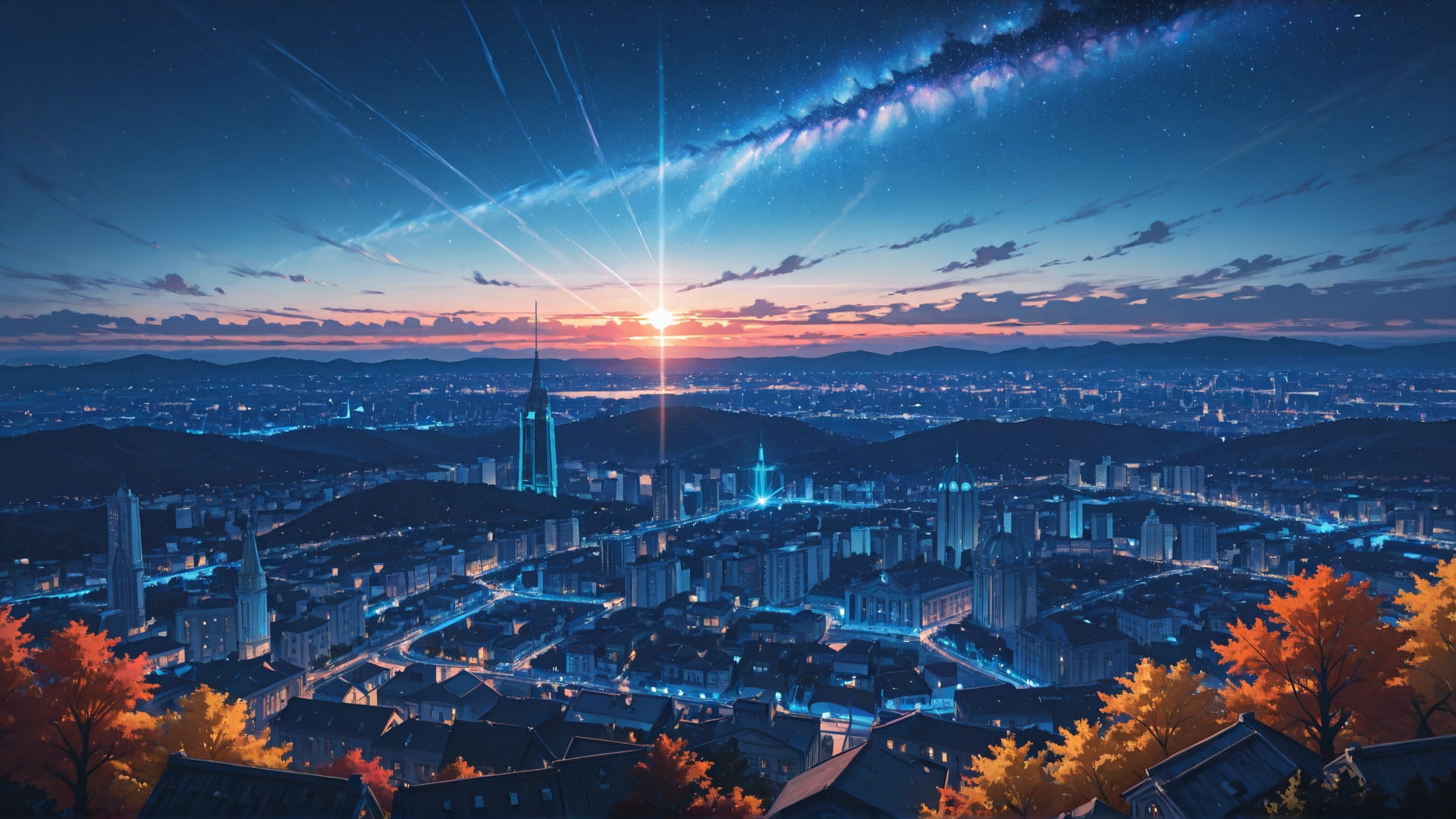 Blue Sunset City ExtraCelestial smartphone wallpaper free download, vertical 16:9 format, Blue, Sunset, City, Autumn 001