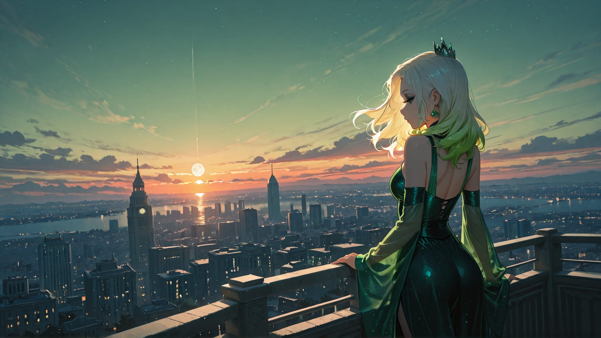 Green Sunset City ExtraCelestial smartphone wallpaper free download, vertical 16:9 format, Green, Sunset, City, Summer 001