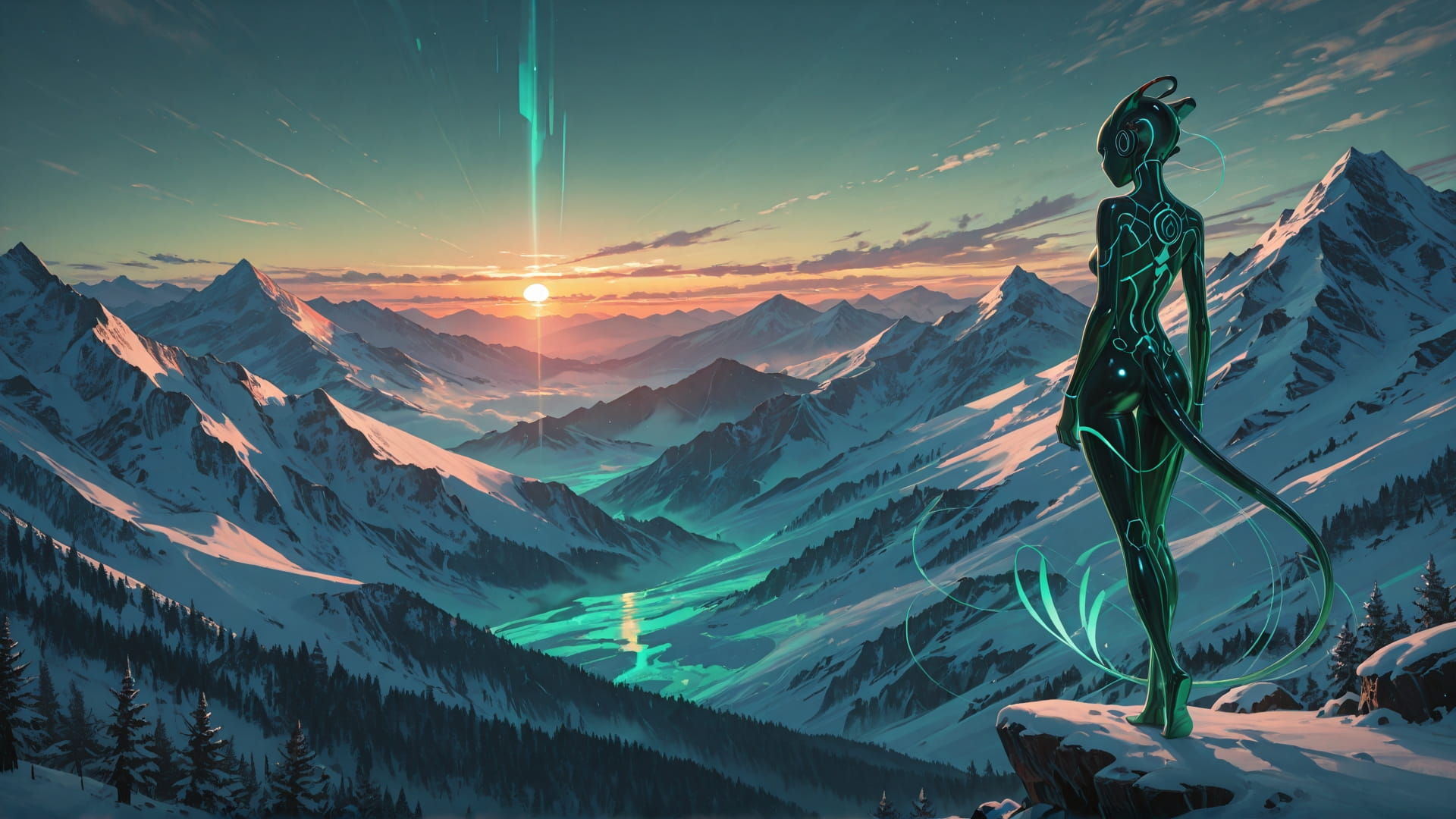 Green Sunset Mountain ExtraCelestial smartphone wallpaper free download, vertical 16:9 format, Green, Sunset, Mountain, Winter 001