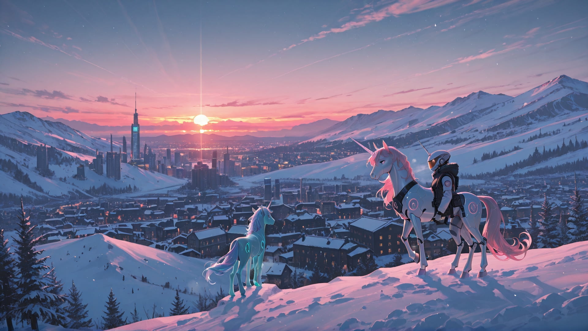 Pink Sunset City ExtraCelestial smartphone wallpaper free download, vertical 16:9 format, Pink, Sunset, City, Winter