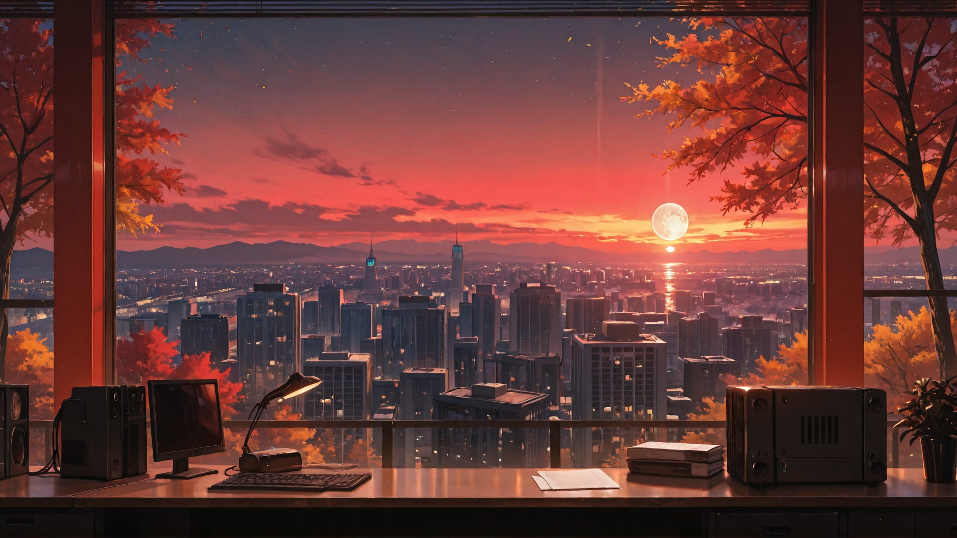 Red Sunset City ExtraCelestial smartphone wallpaper free download, vertical 16:9 format, Red, Sunset, City, Autumn