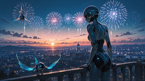 Blue Sunset City Fireworks smartphone wallpaper free download, vertical 9:16 format, Blue, Sunset, City, Summer