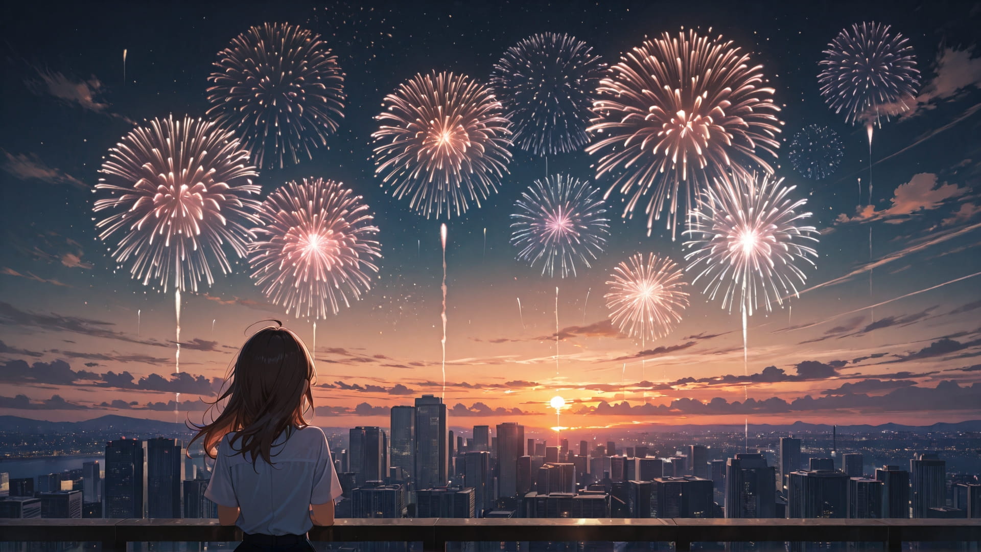 Brown Sunset City Fireworks smartphone wallpaper free download, vertical 16:9 format, Brown, Sunset, City, Summer 001