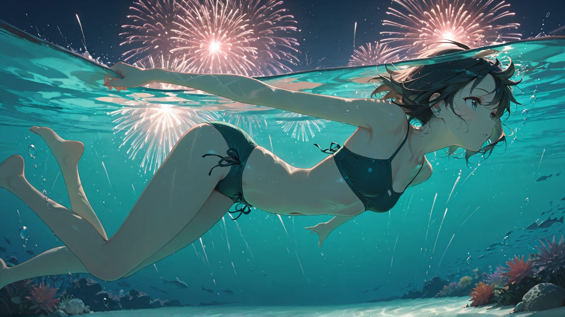 Green Afternoon Sea Fireworks smartphone wallpaper free download, vertical 16:9 format, Green, Afternoon, Sea, Summer 001