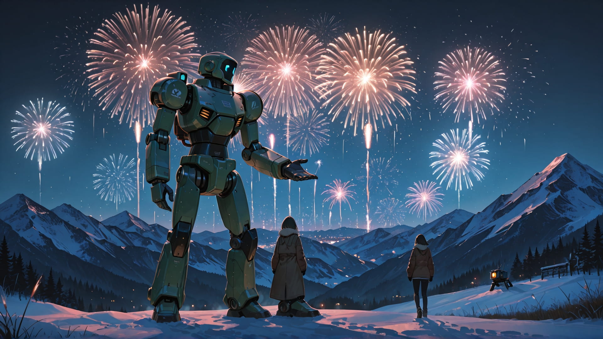 Green Night Mountain Fireworks smartphone wallpaper free download, vertical 16:9 format, Green, Night, Mountain, Winter