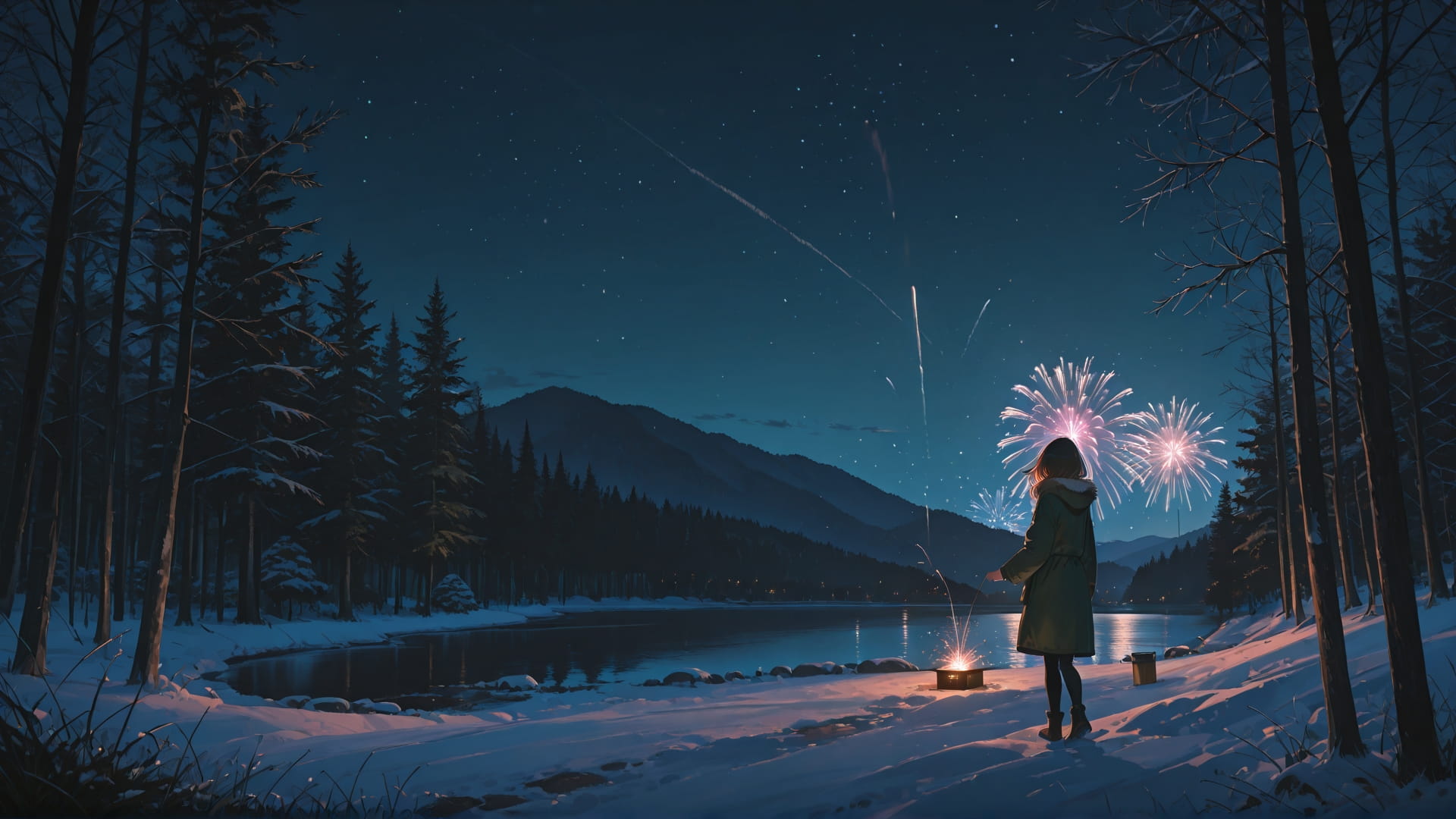 Green Night Nature Fireworks smartphone wallpaper free download, vertical 16:9 format, Green, Night, Nature, Winter 001