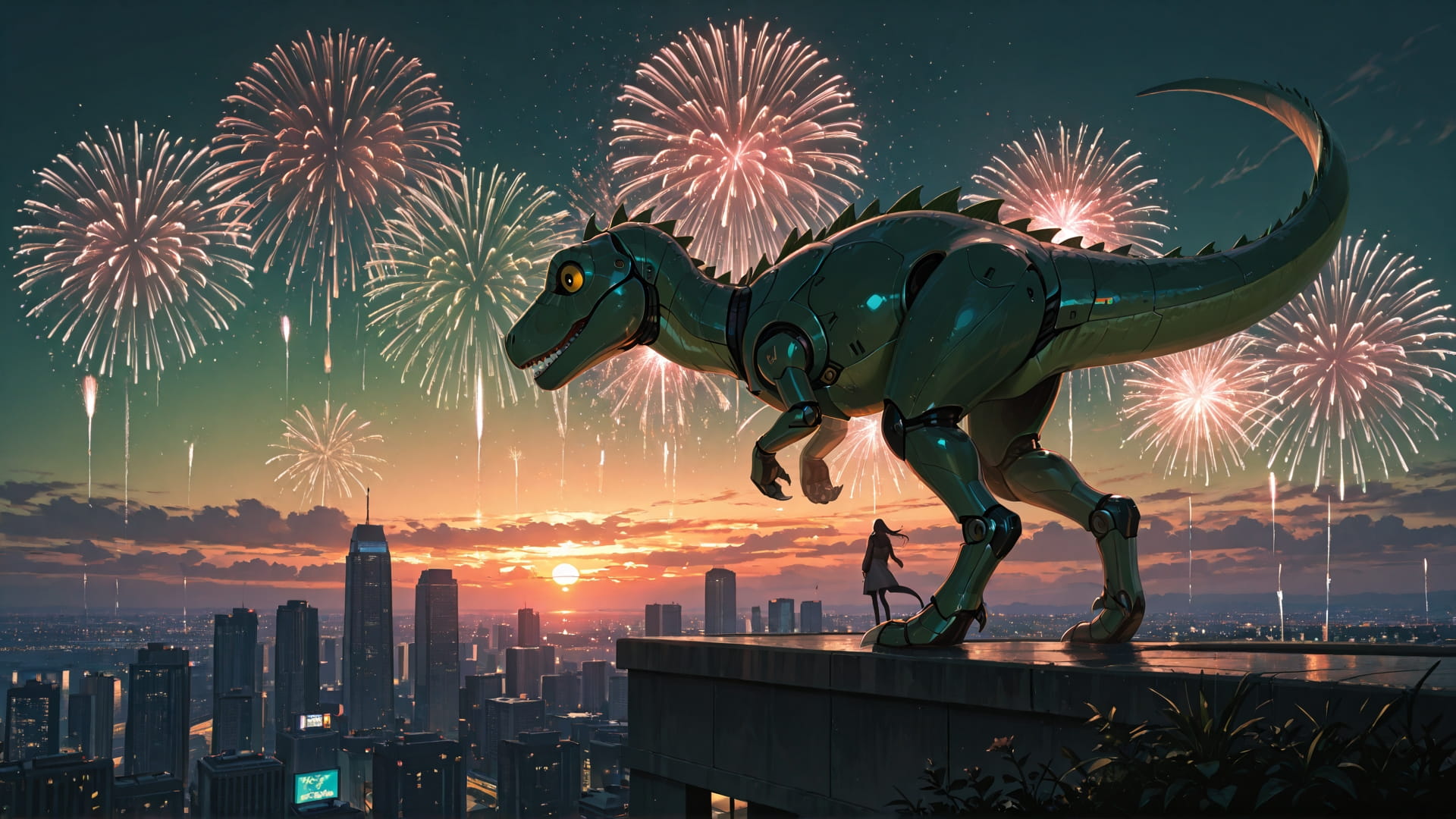 Green Sunset City Fireworks smartphone wallpaper free download, vertical 16:9 format, Green, Sunset, City, Spring