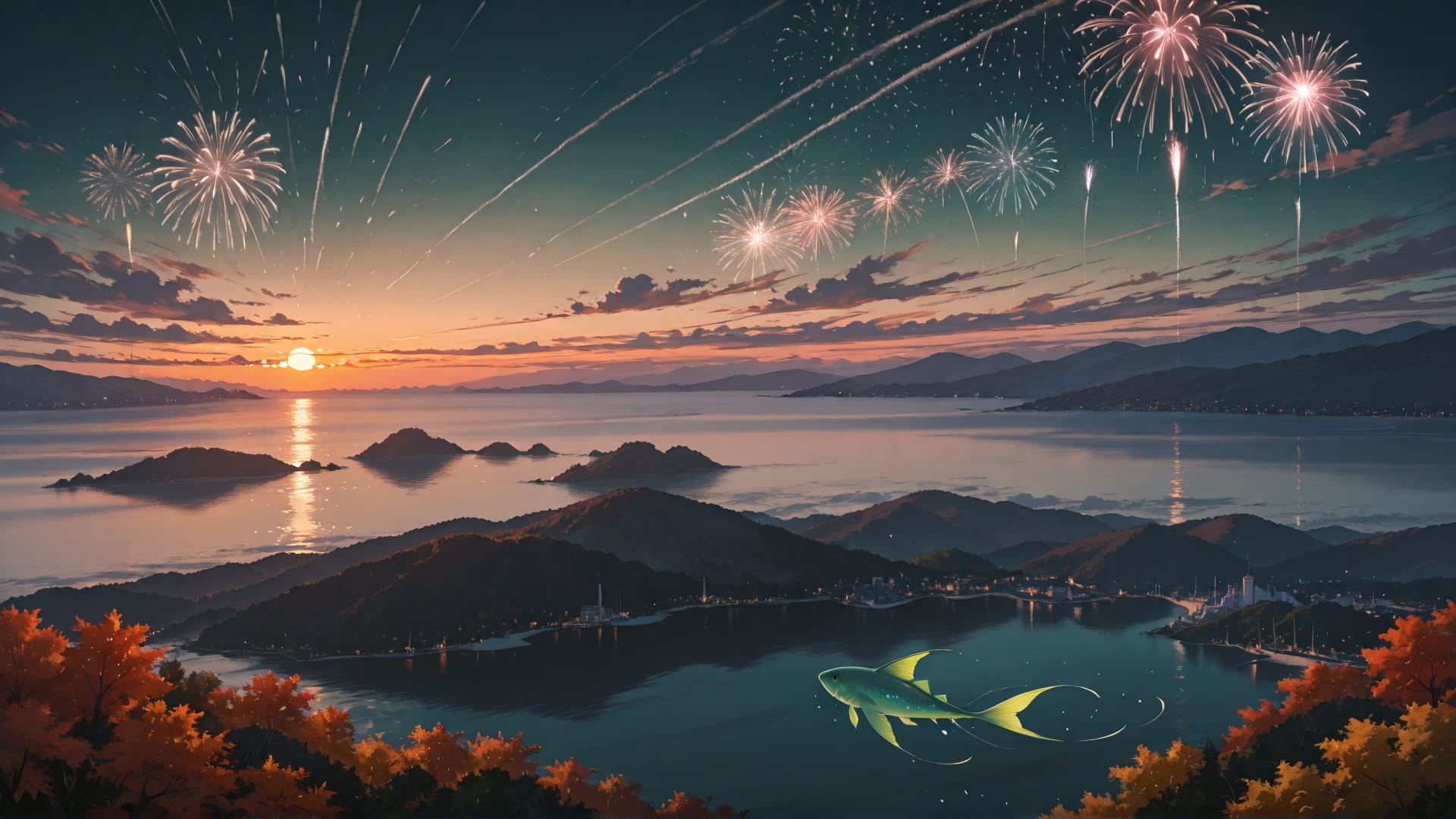 Green Sunset Sea Fireworks smartphone wallpaper free download, vertical 16:9 format, Green, Sunset, Sea, Autumn