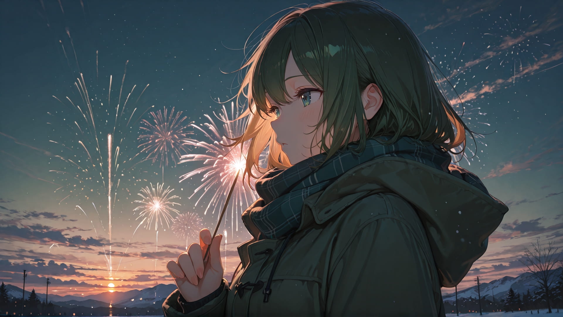 Green Sunset Sky Fireworks smartphone wallpaper free download, vertical 16:9 format, Green, Sunset, Sky, Winter 001