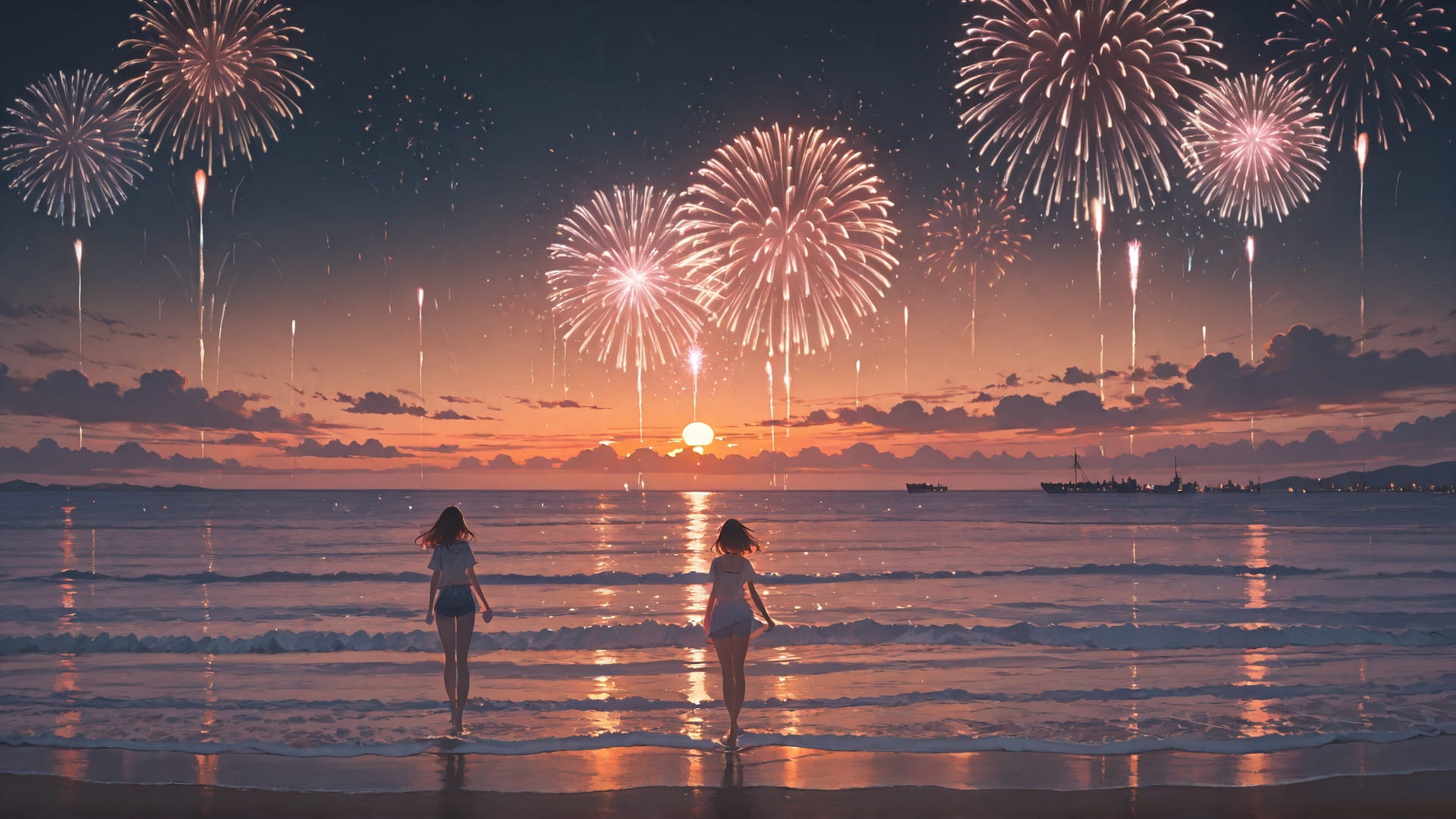 Orange Sunset Sea Fireworks smartphone wallpaper free download, vertical 16:9 format, Orange, Sunset, Sea, Summer 001