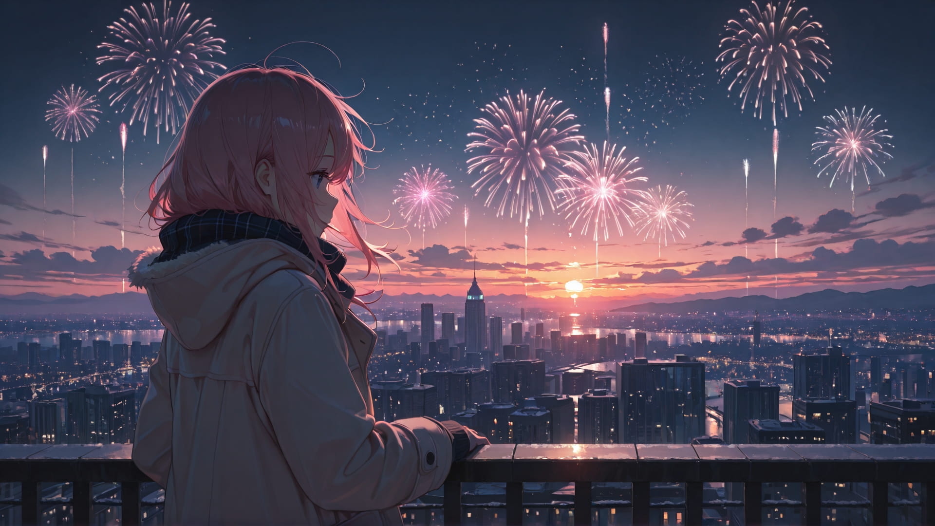 Pink Sunset City Fireworks smartphone wallpaper free download, vertical 16:9 format, Pink, Sunset, City, Winter 001