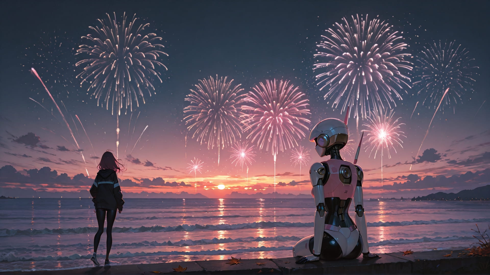 Pink Sunset Sea Fireworks smartphone wallpaper free download, vertical 16:9 format, Pink, Sunset, Sea, Autumn