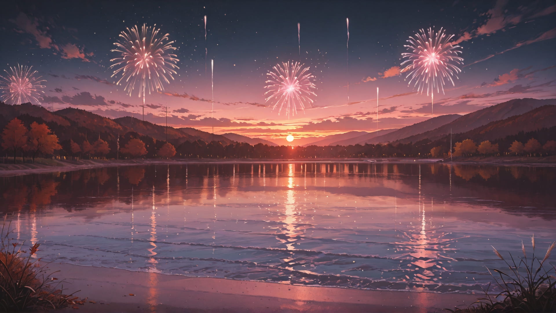 Pink Sunset Sea Fireworks smartphone wallpaper free download, vertical 16:9 format, Pink, Sunset, Sea, Autumn 001