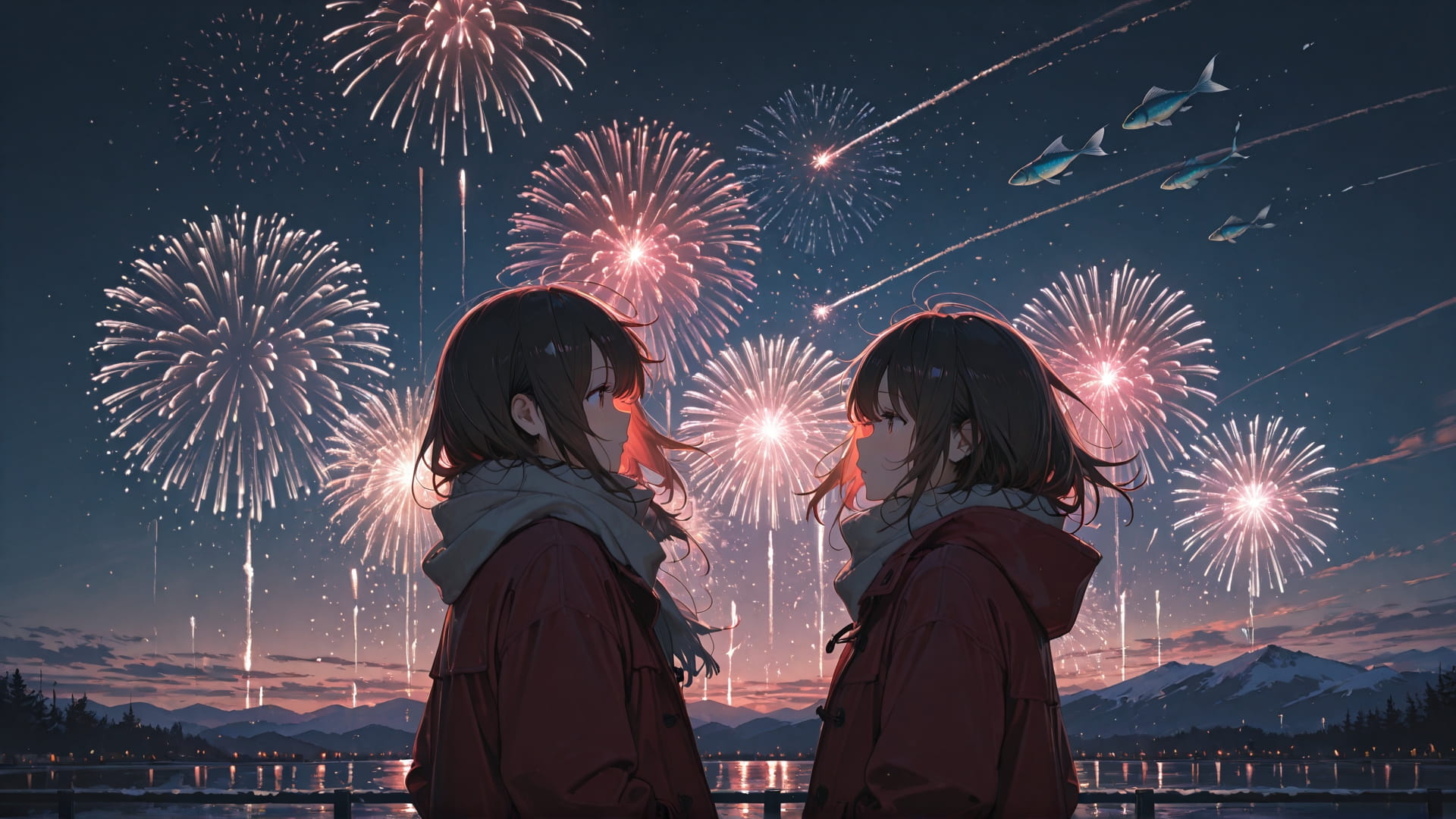 Red Afternoon Sky Fireworks smartphone wallpaper free download, vertical 16:9 format, Red, Afternoon, Sky, Winter