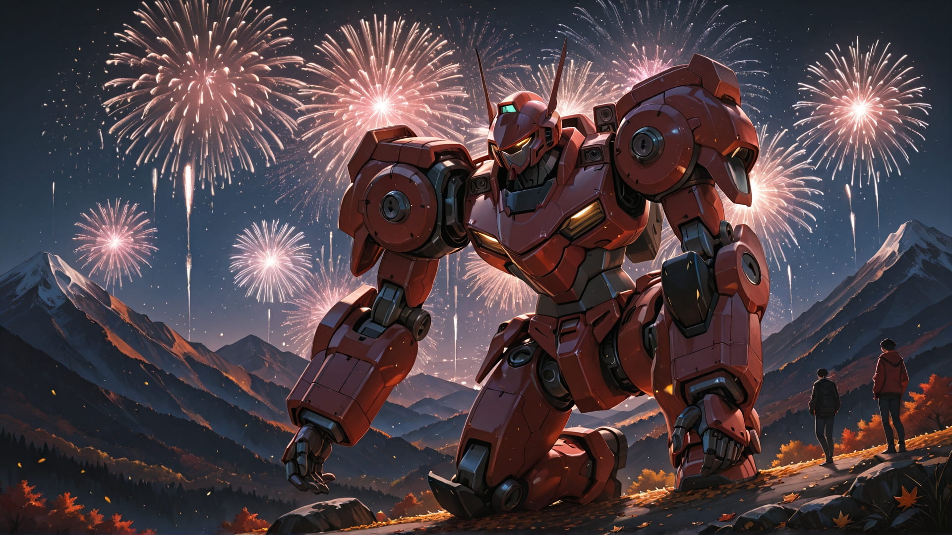 Red Night Mountain Fireworks smartphone wallpaper free download, vertical 16:9 format, Red, Night, Mountain, Autumn