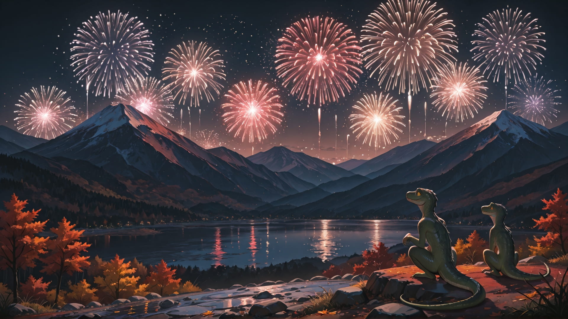 Red Night Mountain Fireworks smartphone wallpaper free download, vertical 16:9 format, Red, Night, Mountain, Autumn
