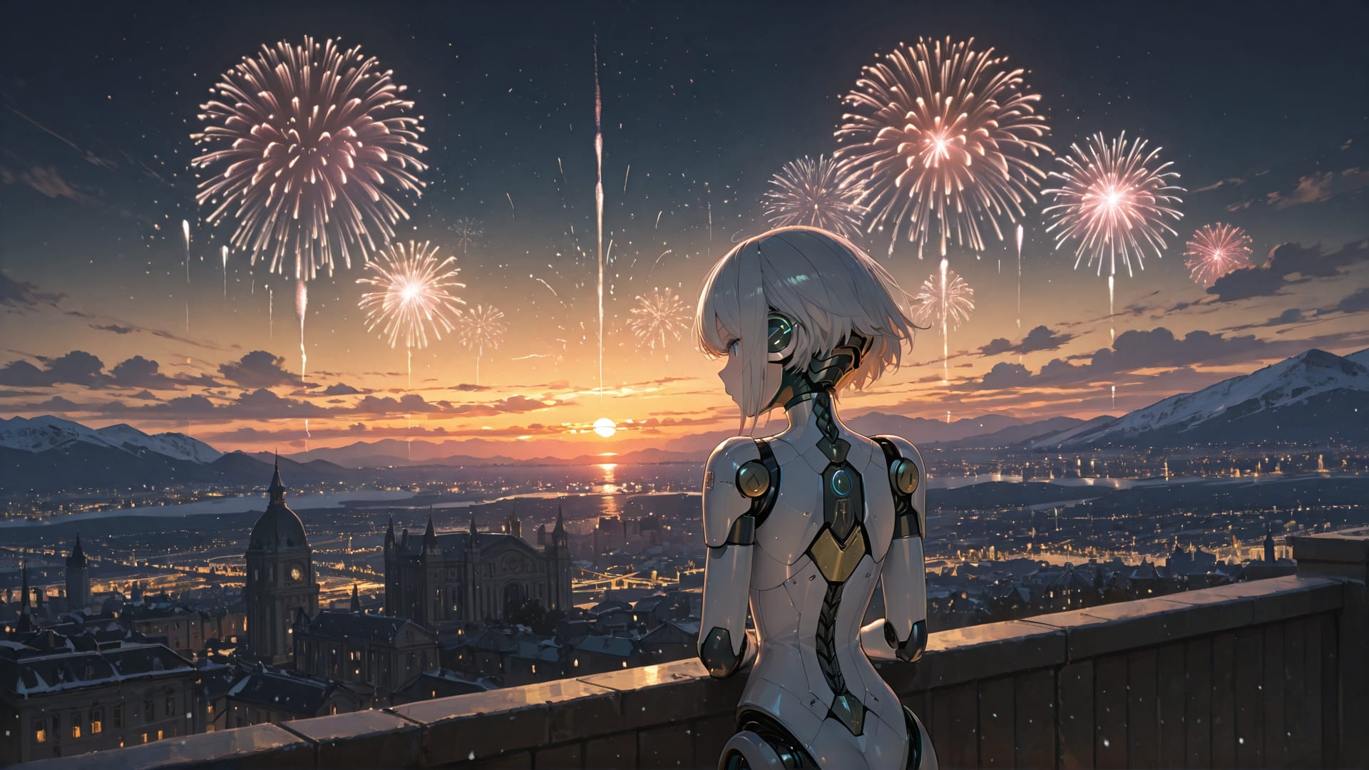 Yellow Sunset City Fireworks smartphone wallpaper free download, vertical 16:9 format, Yellow, Sunset, City, Winter