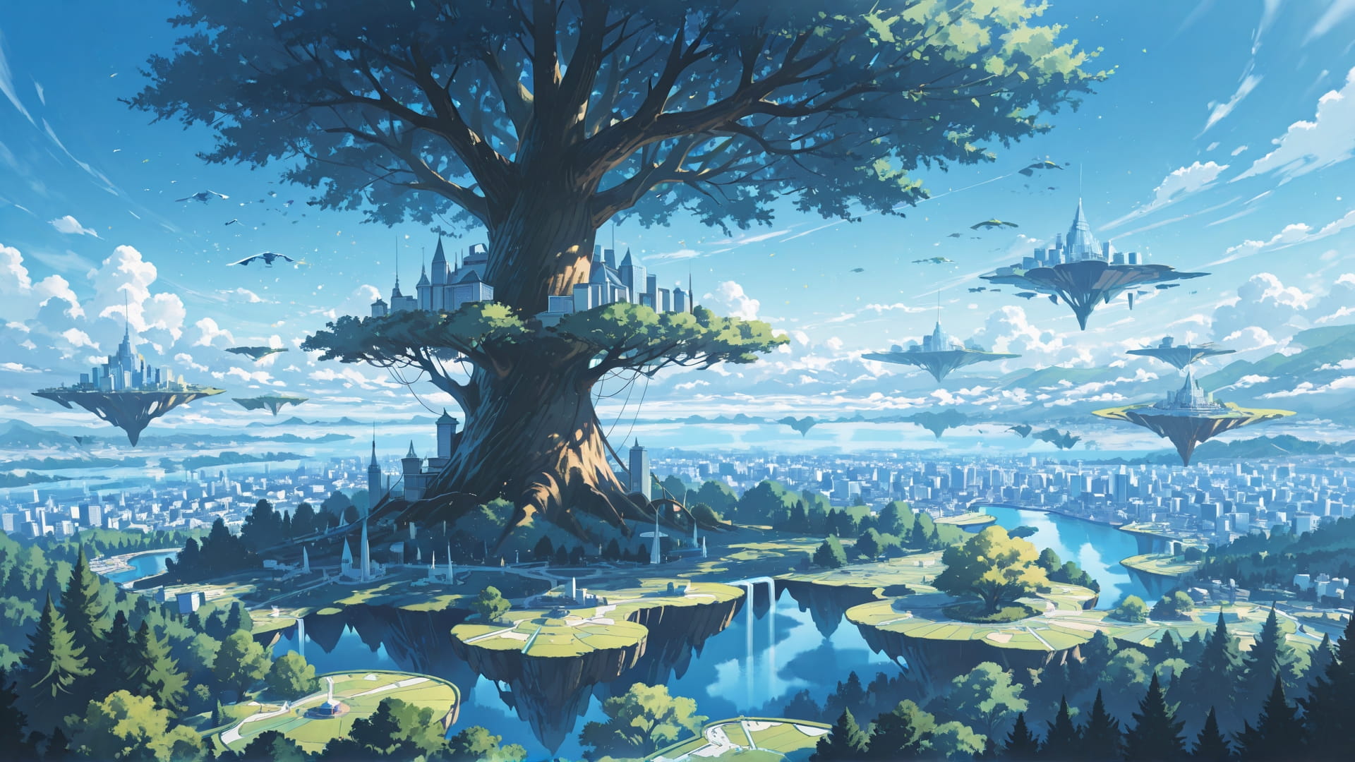 Blue Afternoon City FloatingIslands smartphone wallpaper free download, vertical 16:9 format, Blue, Afternoon, City, Spring