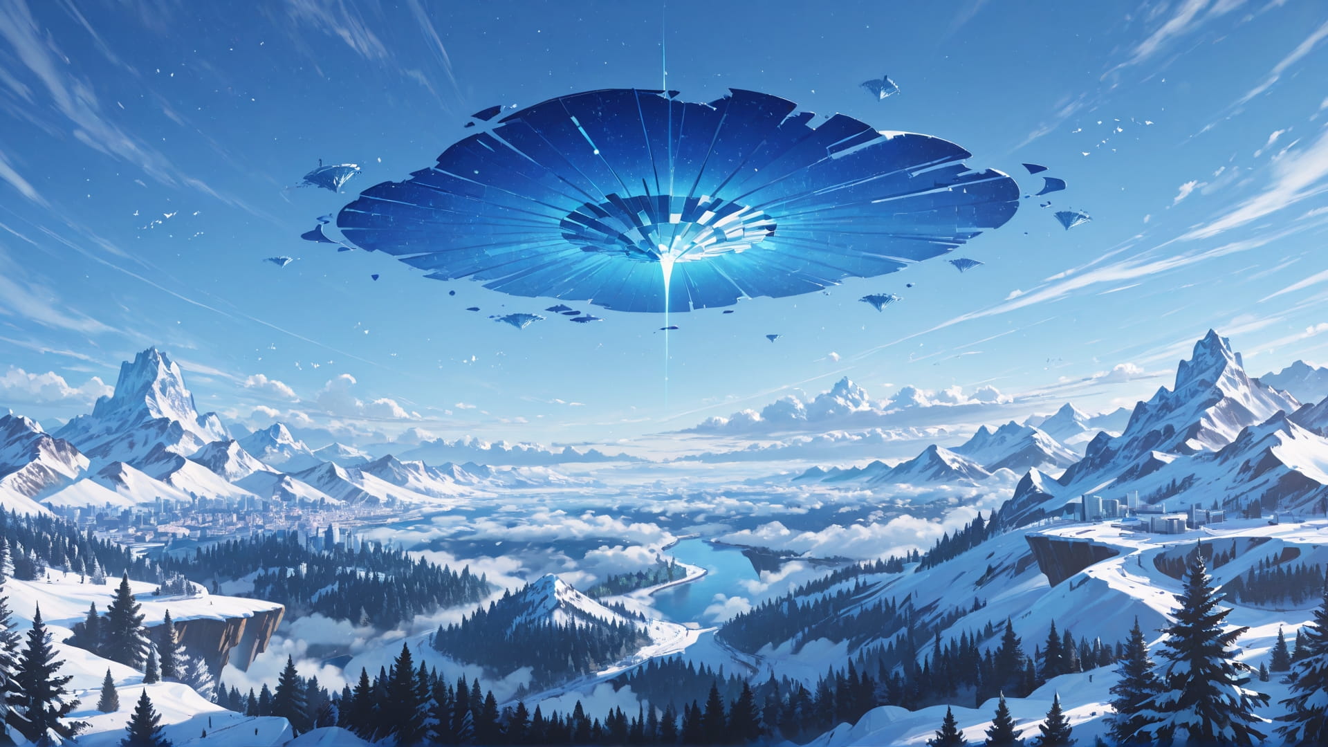 Blue Afternoon City FloatingIslands smartphone wallpaper free download, vertical 16:9 format, Blue, Afternoon, City, Winter 001