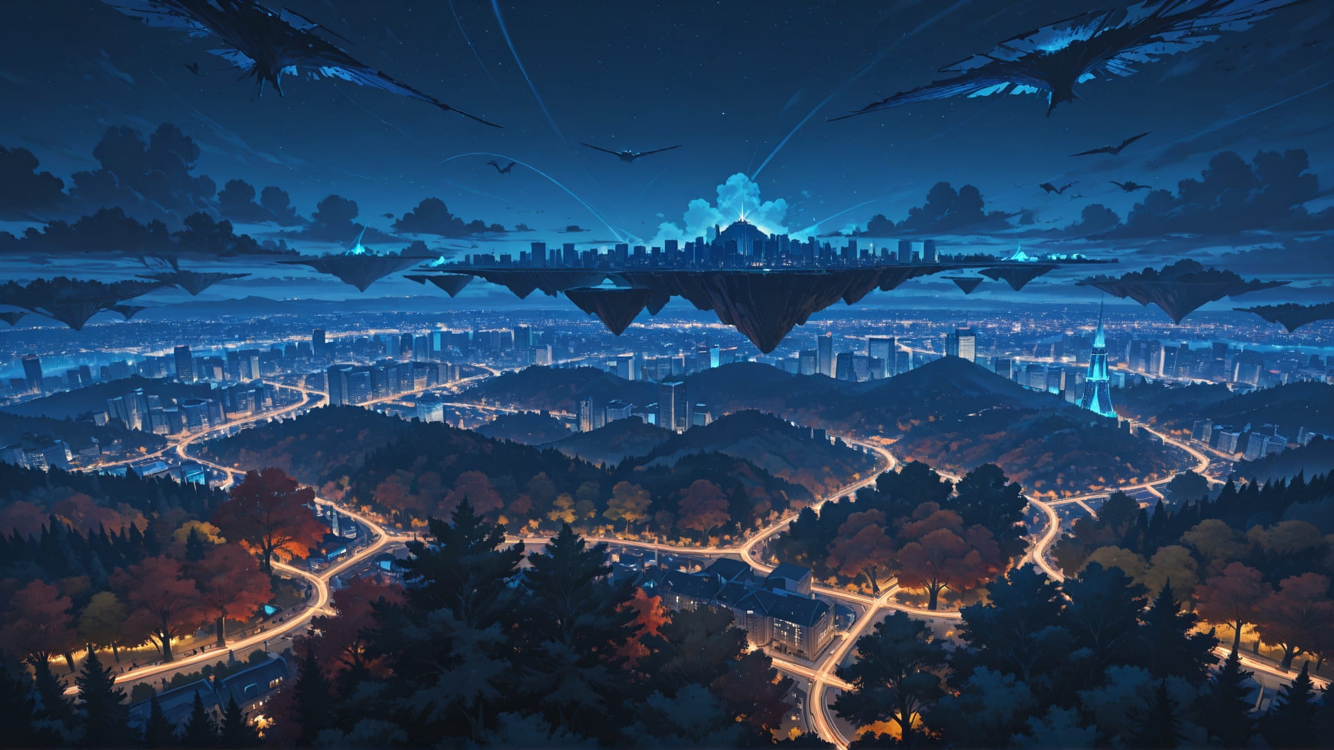 Blue Night City FloatingIslands smartphone wallpaper free download, vertical 16:9 format, Blue, Night, City, Autumn