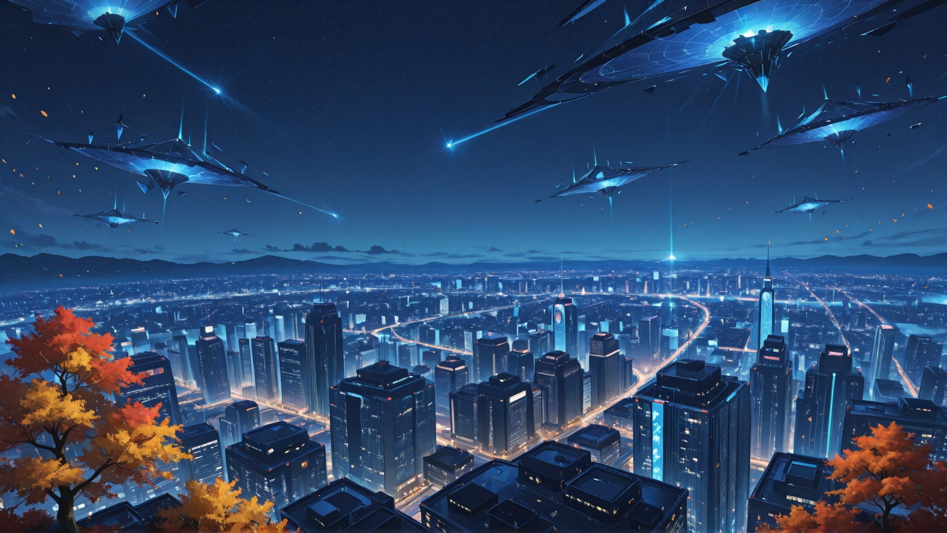 Blue Night City FloatingIslands smartphone wallpaper free download, vertical 16:9 format, Blue, Night, City, Autumn