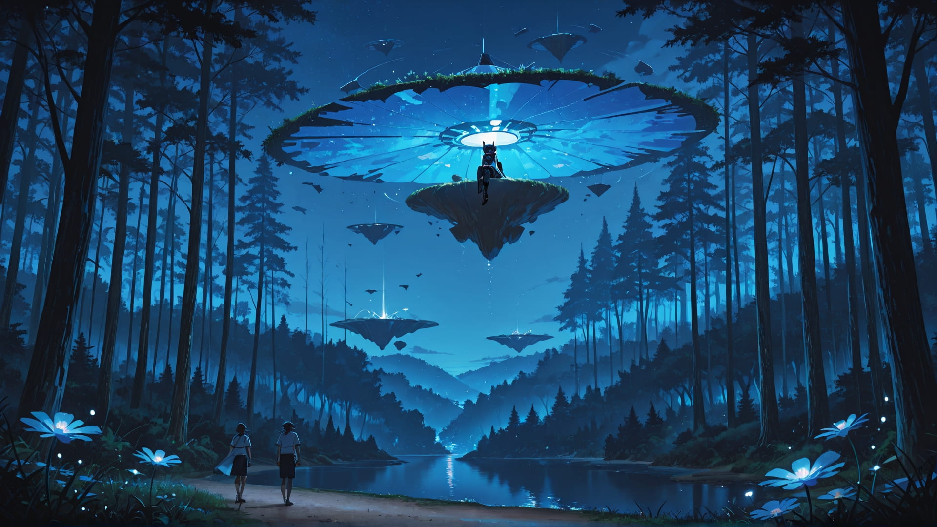 Blue Night Nature FloatingIslands smartphone wallpaper free download, vertical 16:9 format, Blue, Night, Nature, Summer