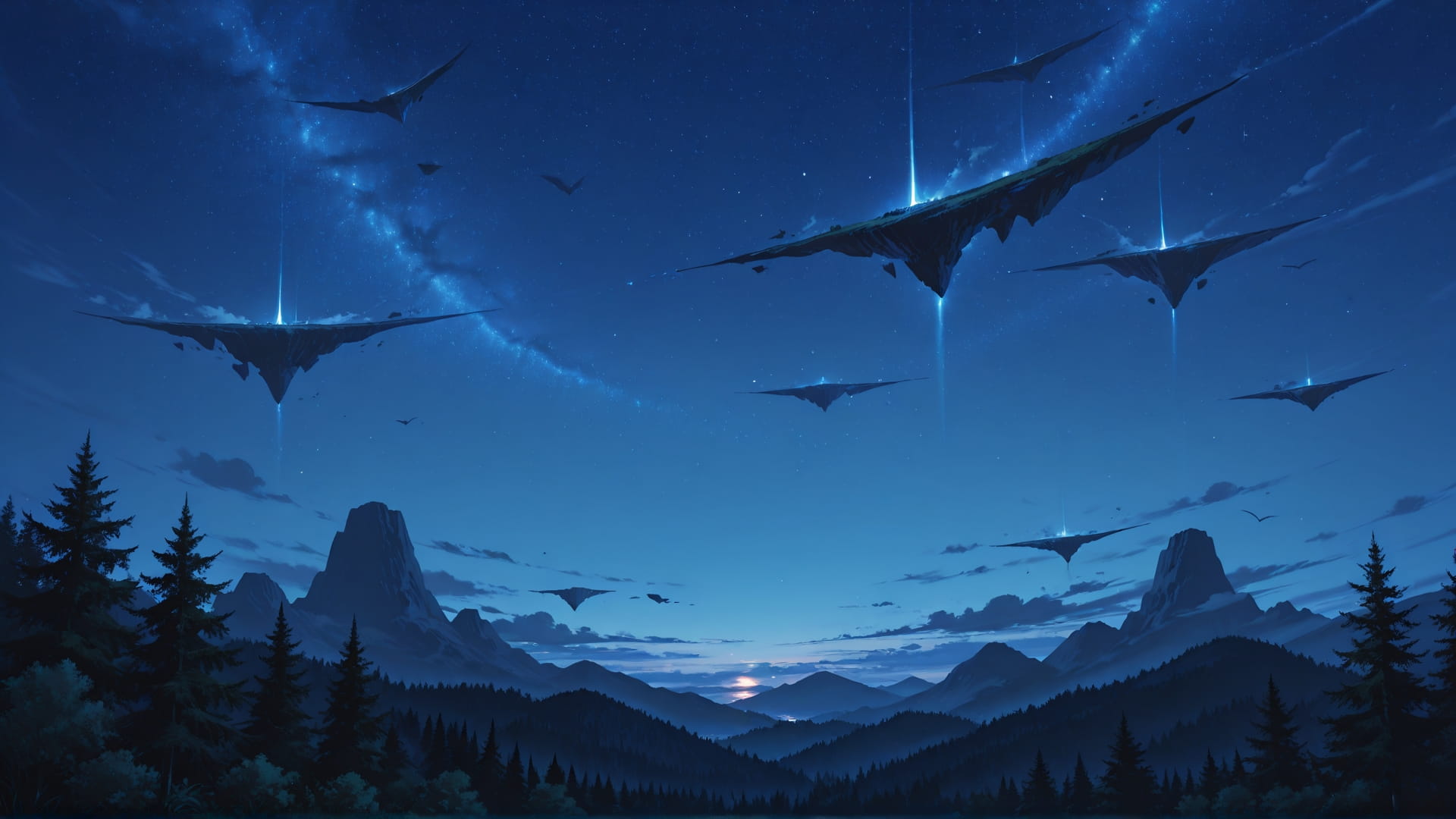 Blue Night Nature FloatingIslands smartphone wallpaper free download, vertical 16:9 format, Blue, Night, Nature, Summer 001