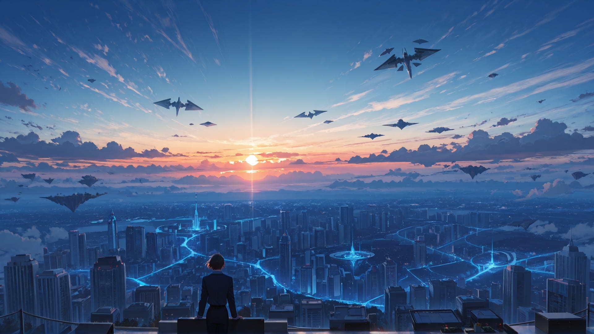 Blue Sunset City FloatingIslands smartphone wallpaper free download, vertical 16:9 format, Blue, Sunset, City, Spring