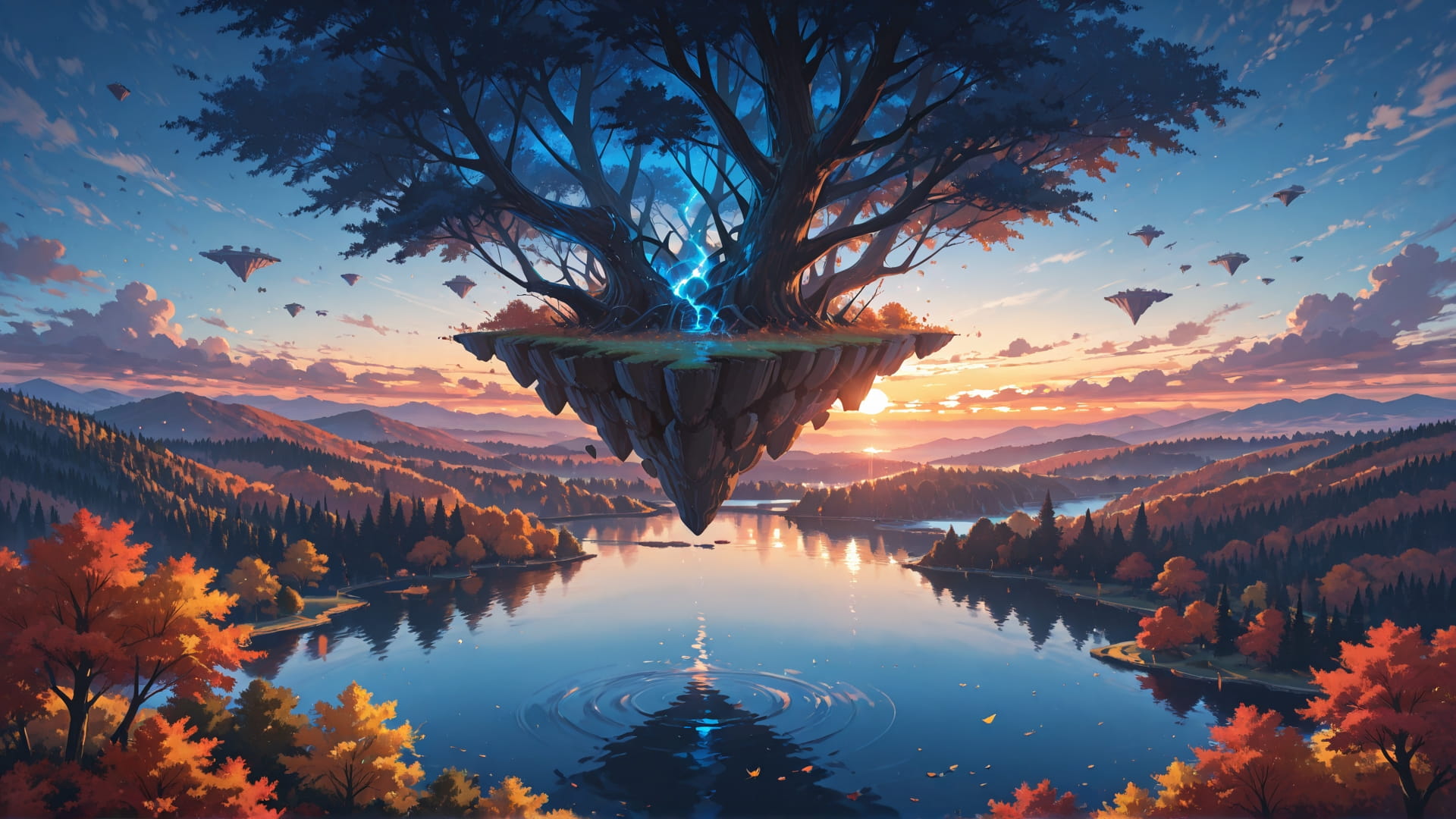 Blue Sunset Sea FloatingIslands smartphone wallpaper free download, vertical 16:9 format, Blue, Sunset, Sea, Autumn