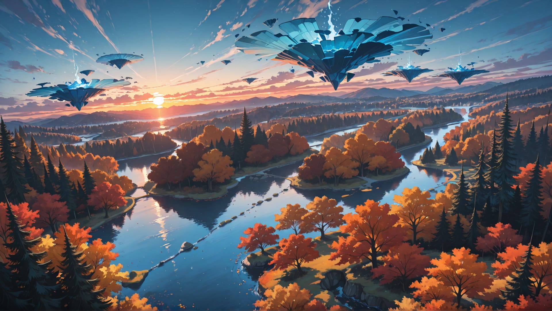 Blue Sunset Sea FloatingIslands smartphone wallpaper free download, vertical 16:9 format, Blue, Sunset, Sea, Autumn 001