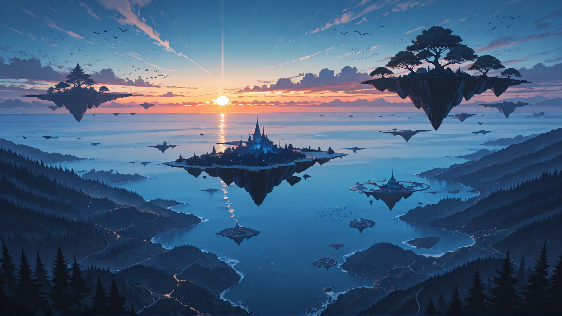 Blue Sunset Sea FloatingIslands smartphone wallpaper free download, vertical 16:9 format, Blue, Sunset, Sea, Summer