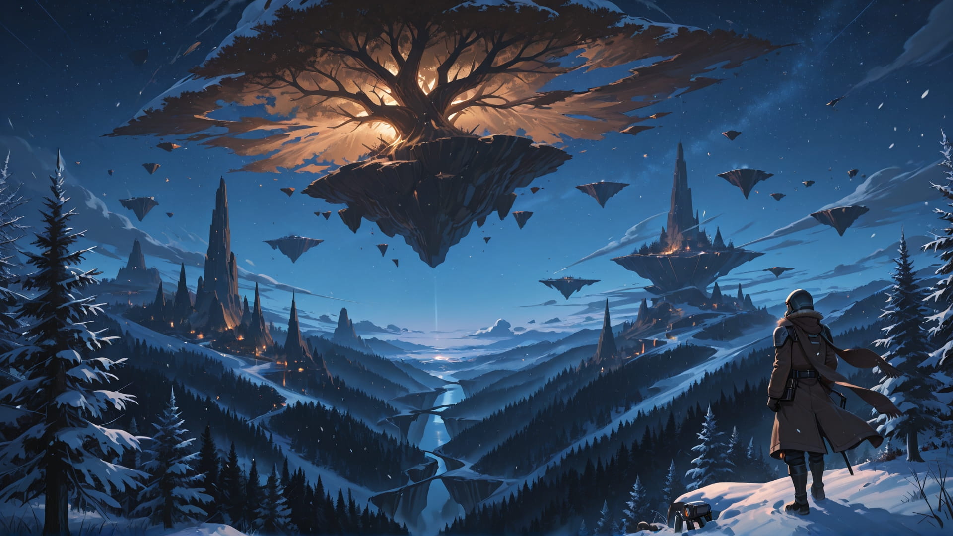 Brown Night Sky FloatingIslands smartphone wallpaper free download, vertical 16:9 format, Brown, Night, Sky, Winter