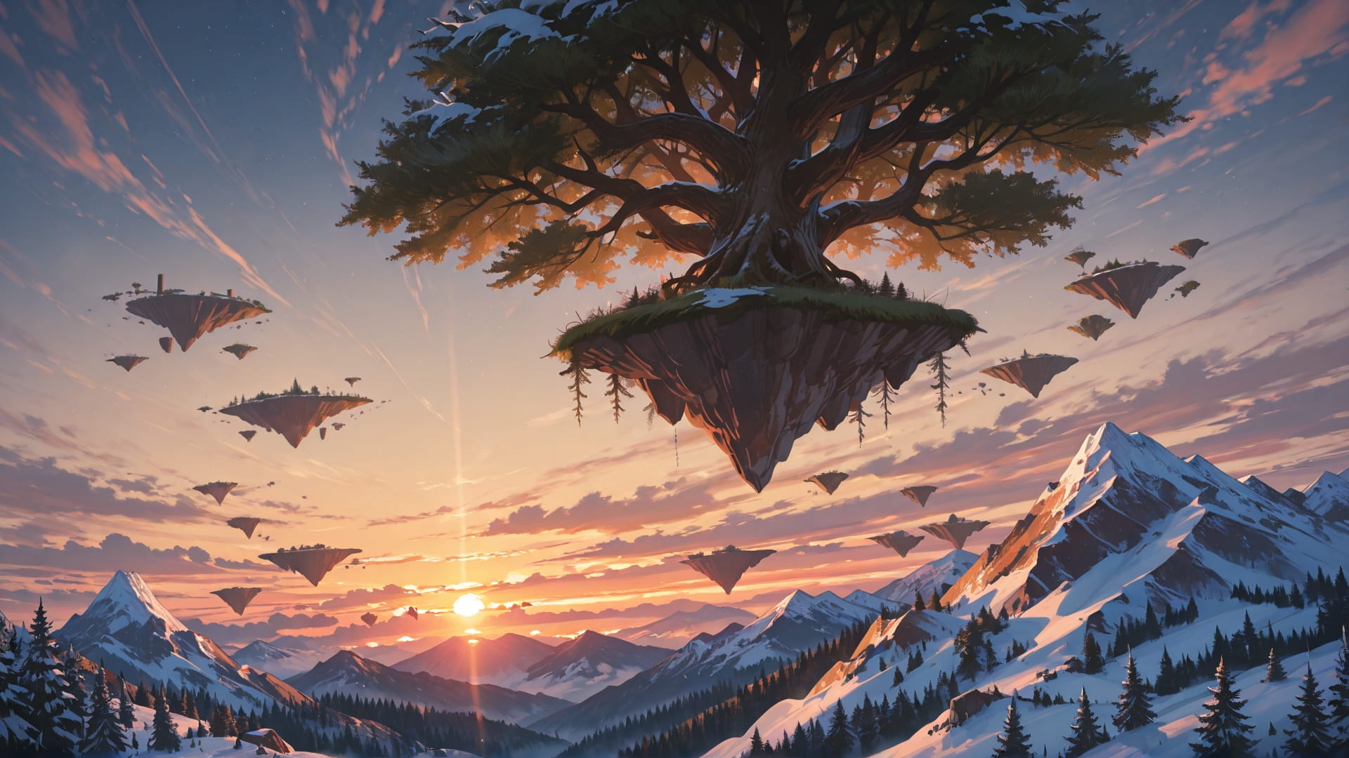 Brown Sunset Mountain FloatingIslands smartphone wallpaper free download, vertical 16:9 format, Brown, Sunset, Mountain, Winter 001