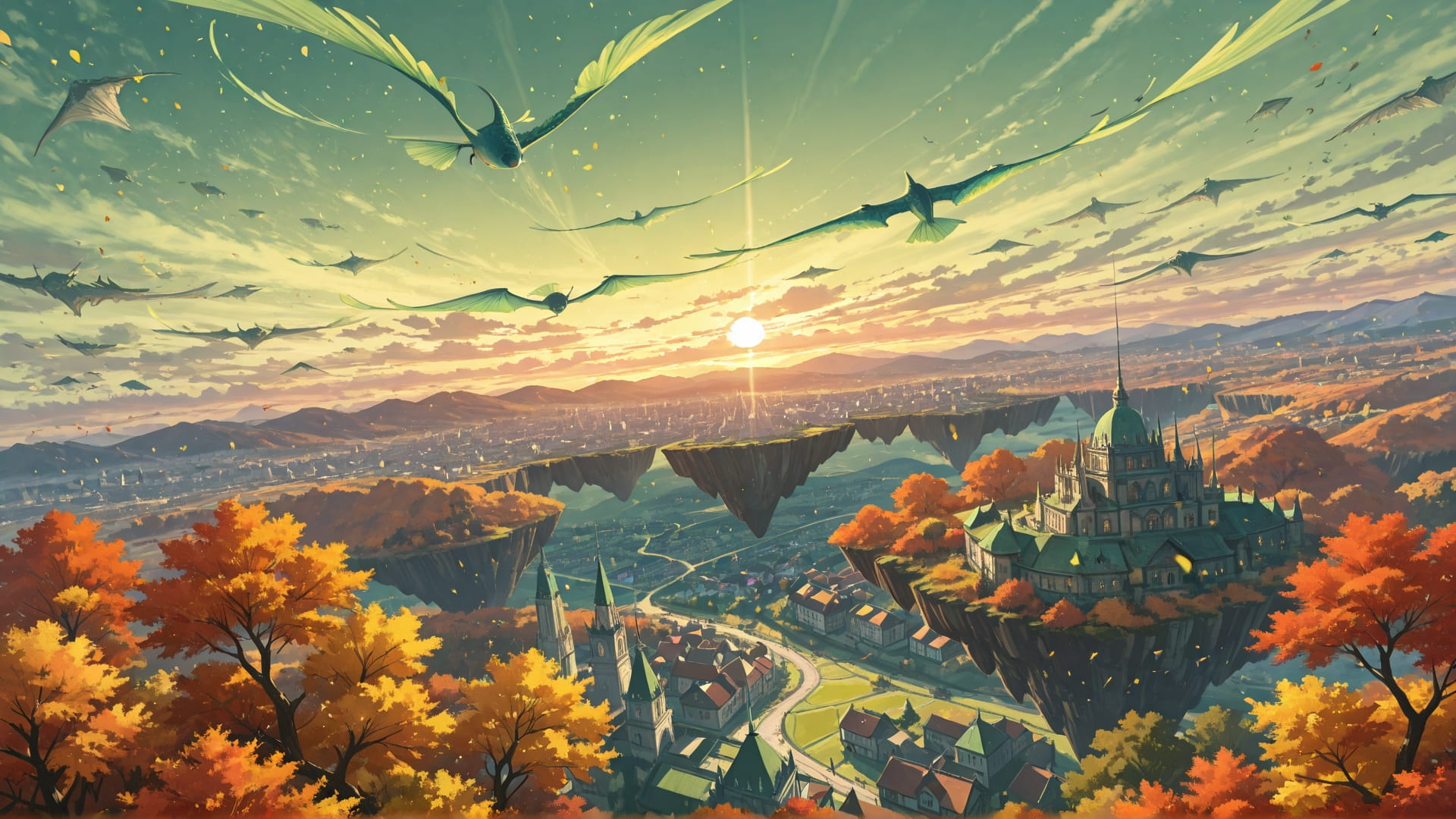 Green Afternoon City FloatingIslands smartphone wallpaper free download, vertical 16:9 format, Green, Afternoon, City, Autumn