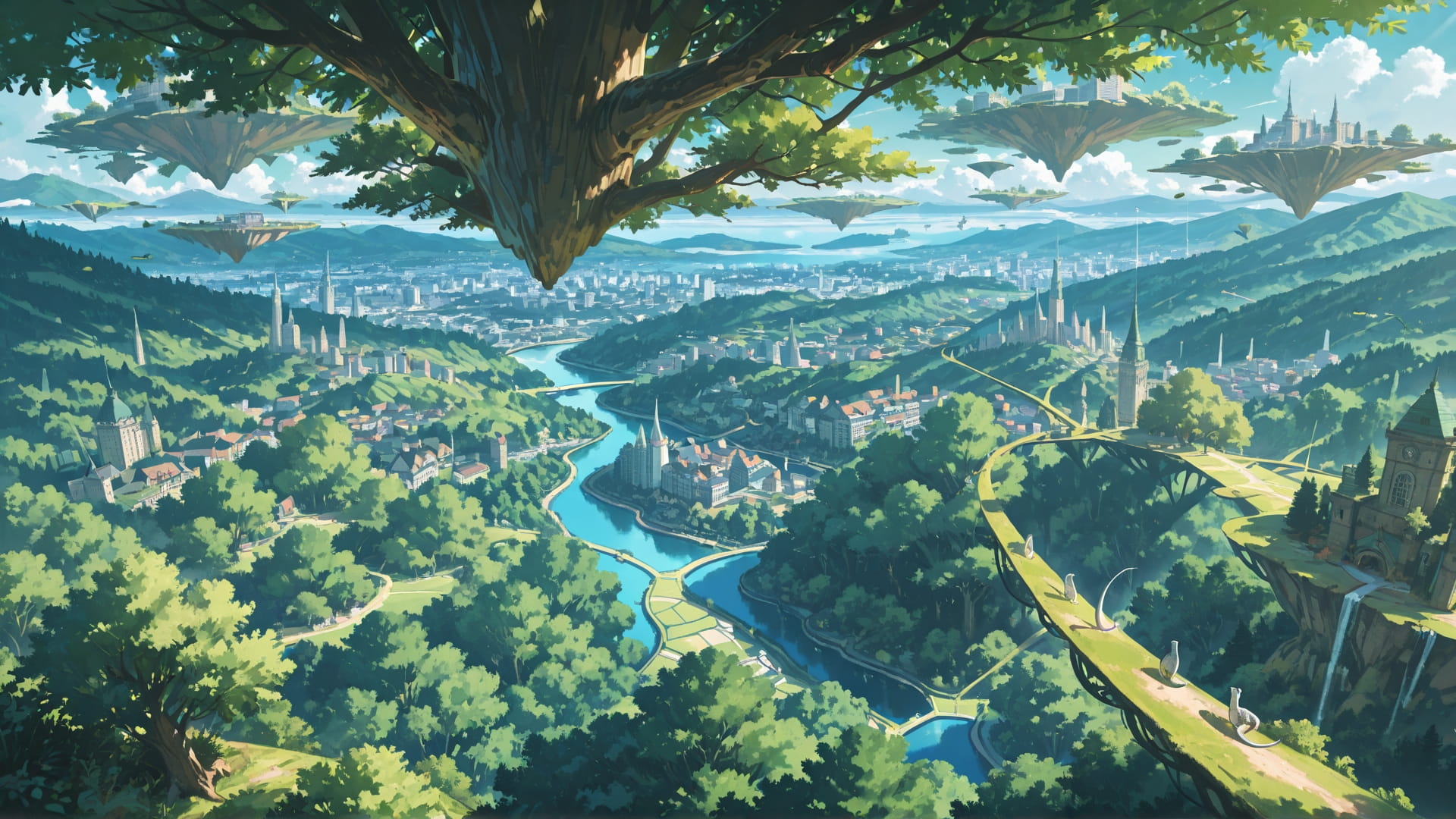 Green Afternoon City FloatingIslands smartphone wallpaper free download, vertical 16:9 format, Green, Afternoon, City, Summer