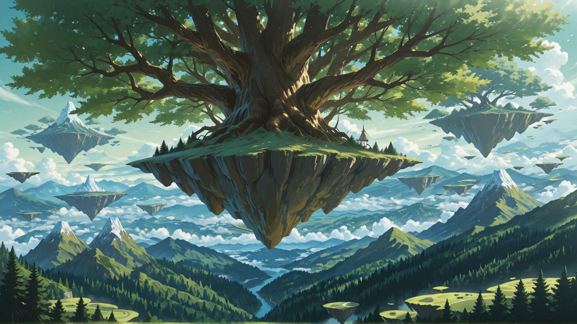 Green Afternoon Mountain FloatingIslands smartphone wallpaper free download, vertical 16:9 format, Green, Afternoon, Mountain, Summer