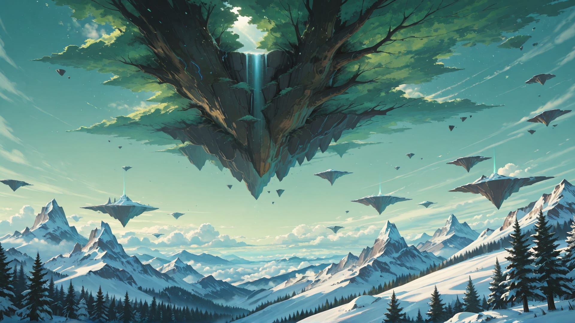 Green Afternoon Nature FloatingIslands smartphone wallpaper free download, vertical 16:9 format, Green, Afternoon, Nature, Winter