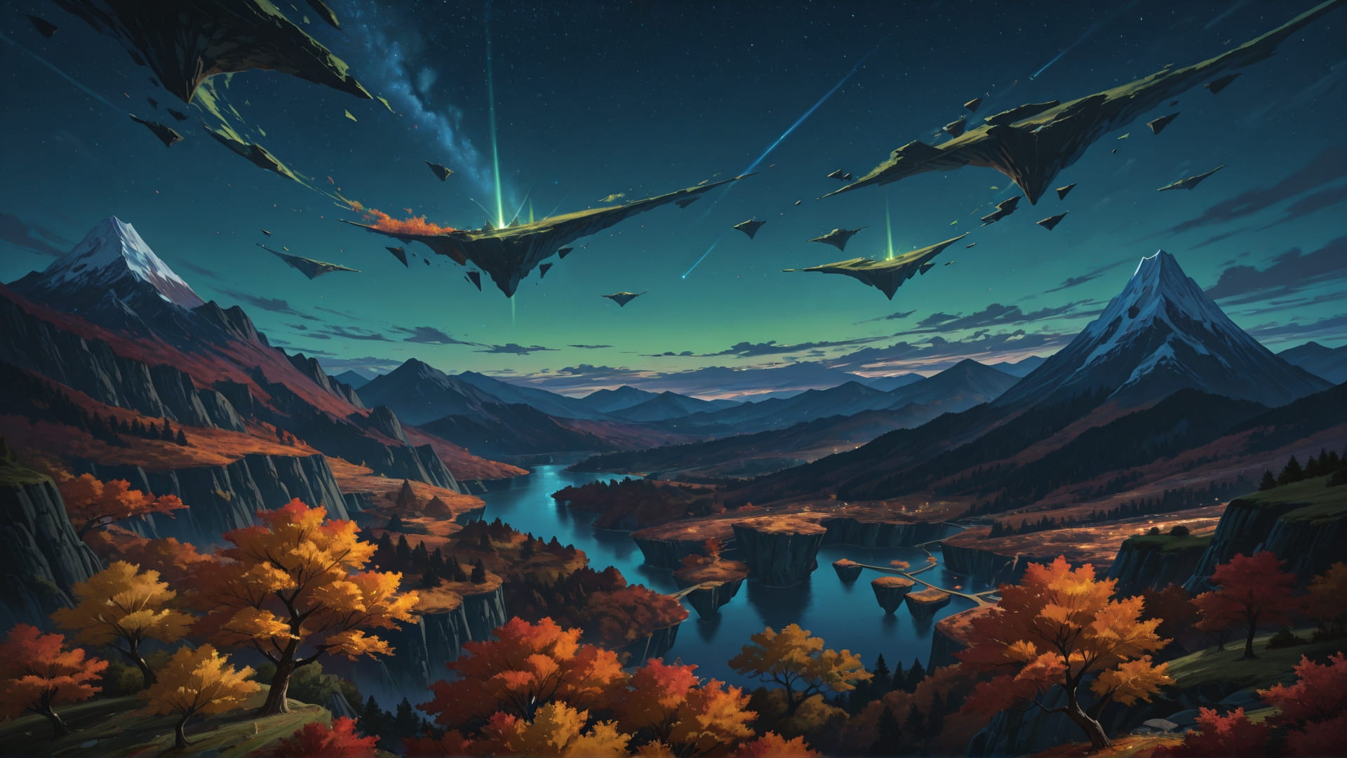 Green Night Mountain FloatingIslands smartphone wallpaper free download, vertical 16:9 format, Green, Night, Mountain, Autumn 001