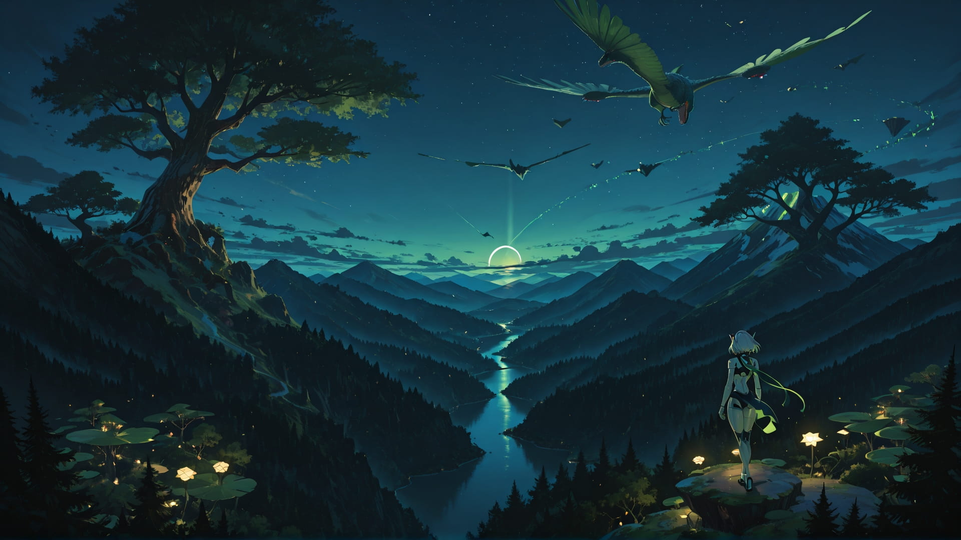 Green Night Mountain FloatingIslands smartphone wallpaper free download, vertical 16:9 format, Green, Night, Mountain, Summer