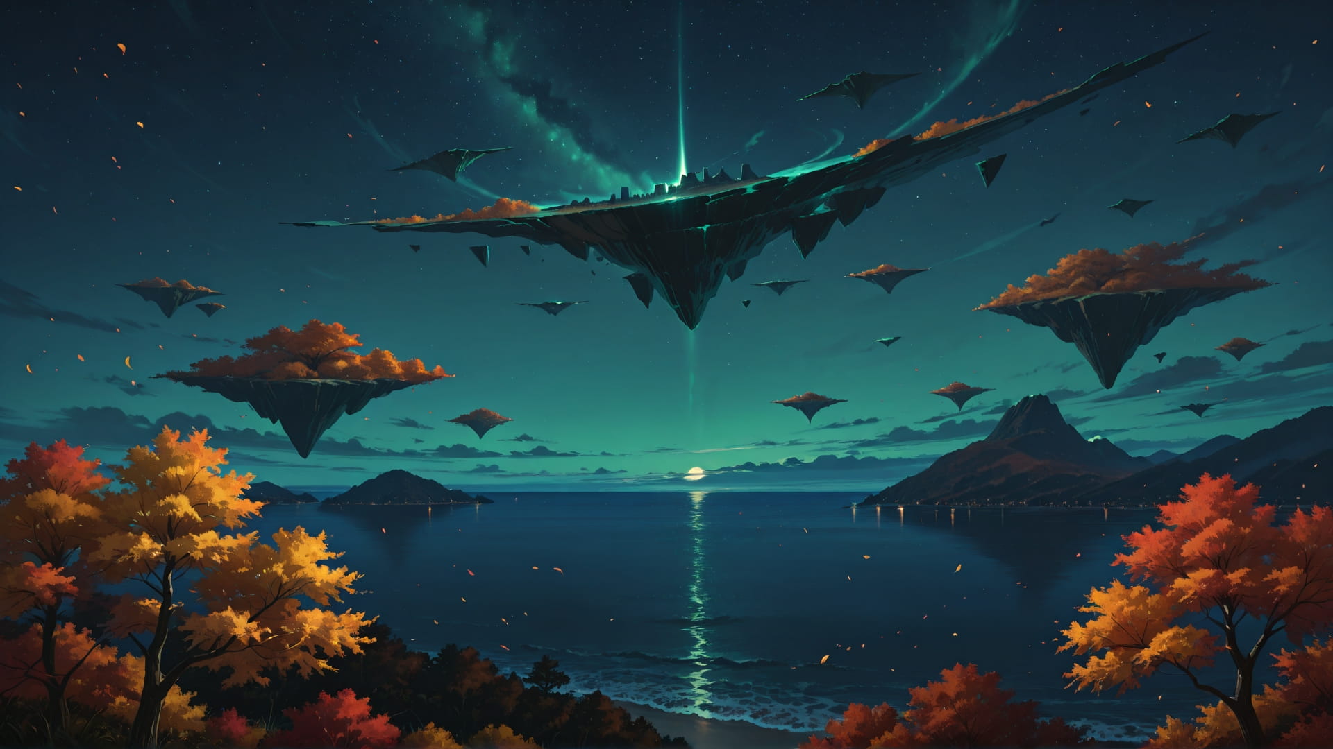 Green Night Sea FloatingIslands smartphone wallpaper free download, vertical 16:9 format, Green, Night, Sea, Autumn 001