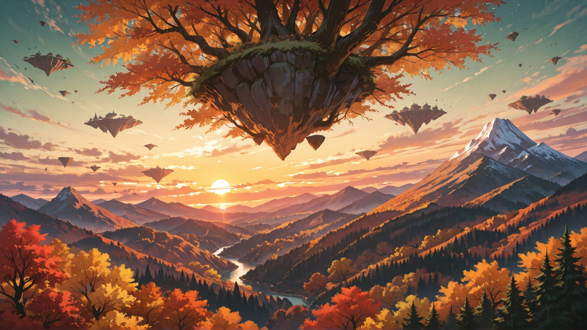 Green Sunset Mountain FloatingIslands smartphone wallpaper free download, vertical 16:9 format, Green, Sunset, Mountain, Autumn