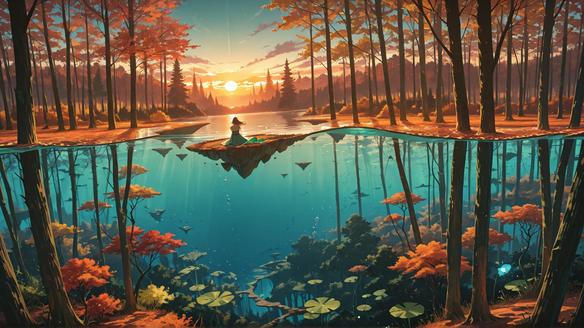 Green Sunset Sea FloatingIslands smartphone wallpaper free download, vertical 16:9 format, Green, Sunset, Sea, Autumn 001