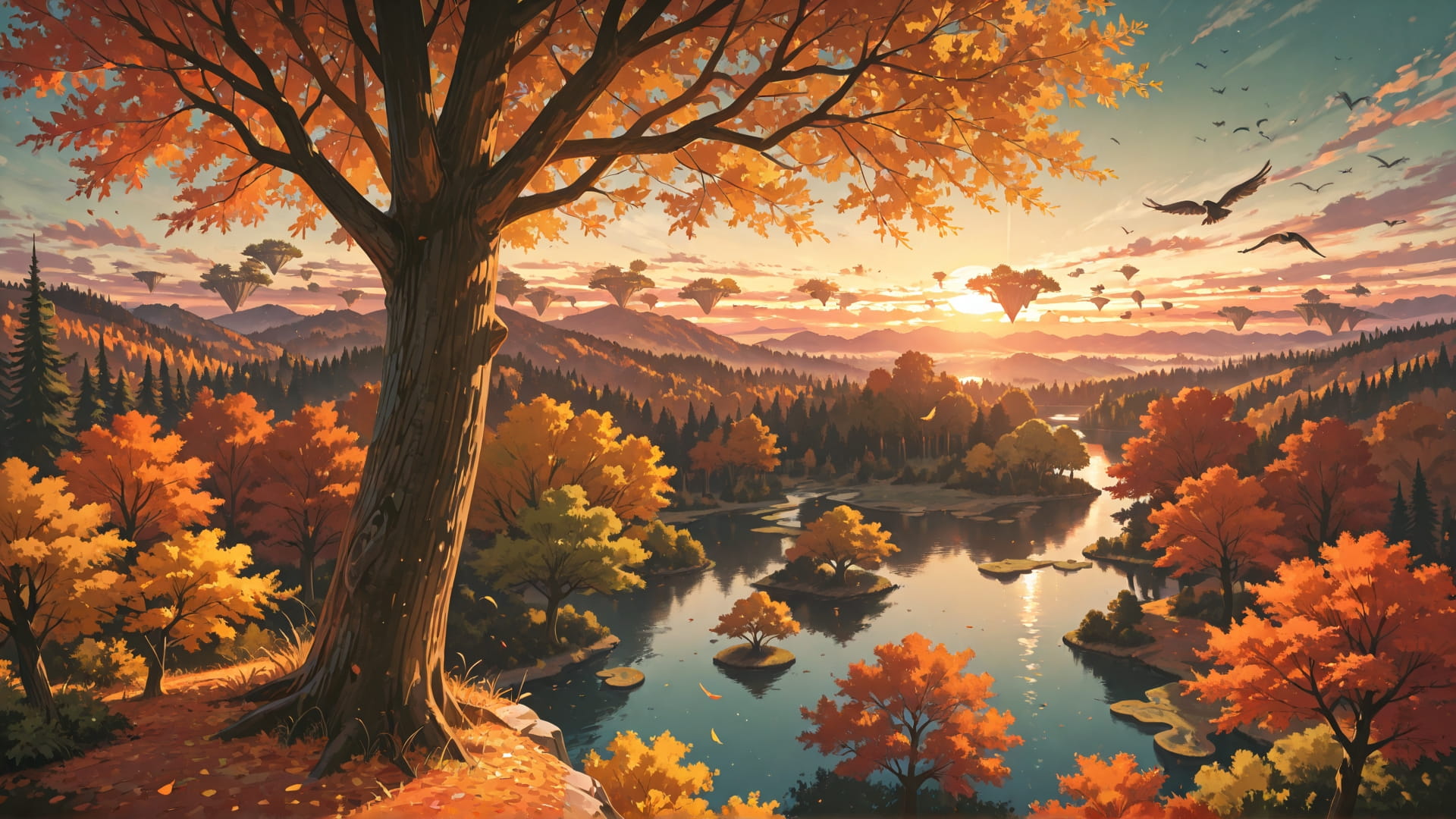 Green Sunset Sky FloatingIslands smartphone wallpaper free download, vertical 16:9 format, Green, Sunset, Sky, Autumn