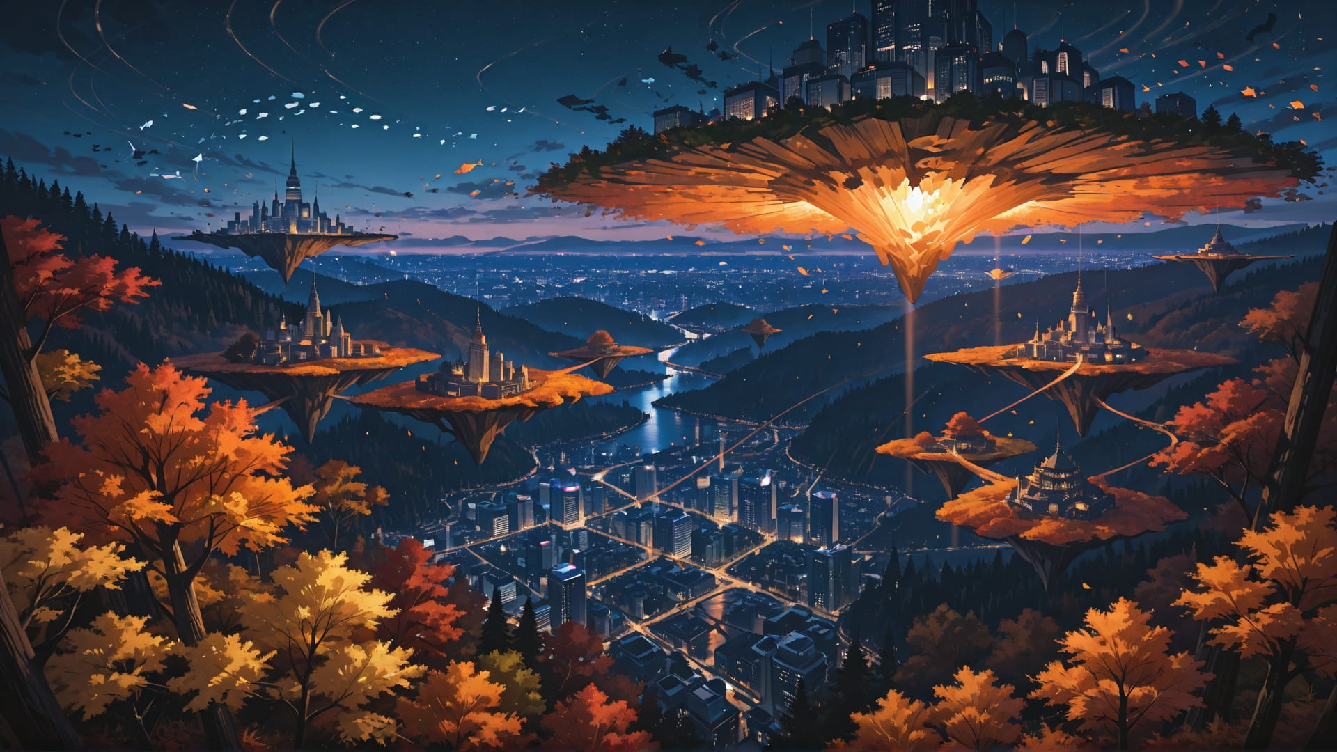 Orange Night City FloatingIslands smartphone wallpaper free download, vertical 16:9 format, Orange, Night, City, Autumn