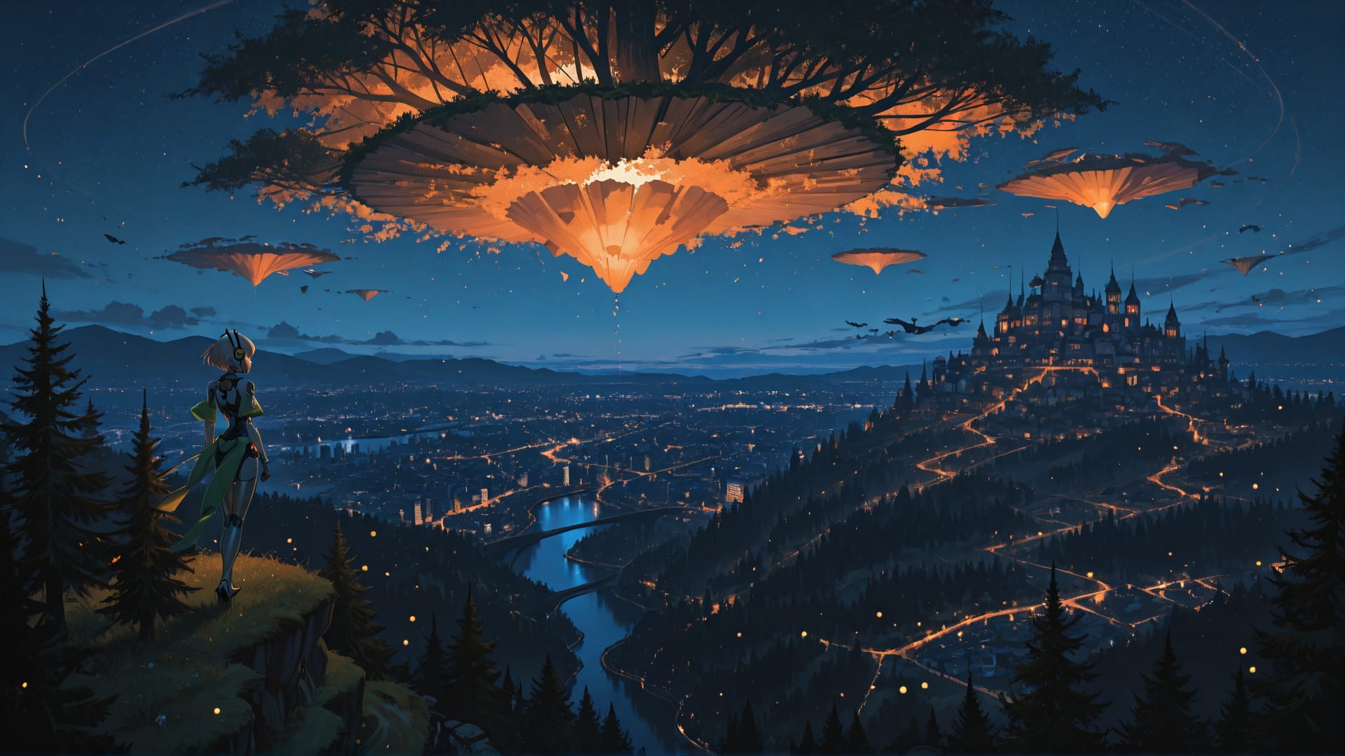 Orange Night City FloatingIslands smartphone wallpaper free download, vertical 16:9 format, Orange, Night, City, Spring