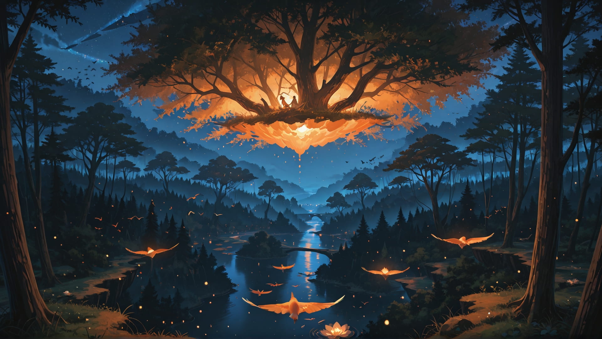 Orange Night Nature FloatingIslands smartphone wallpaper free download, vertical 16:9 format, Orange, Night, Nature, Spring