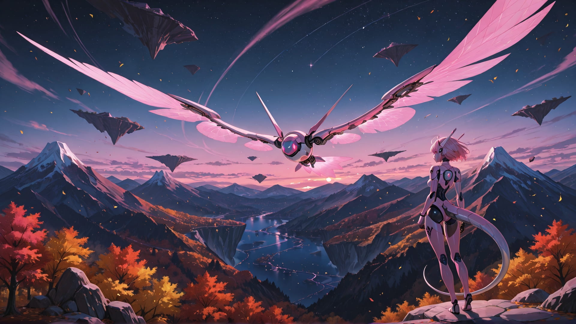 Pink Night Mountain FloatingIslands smartphone wallpaper free download, vertical 16:9 format, Pink, Night, Mountain, Autumn