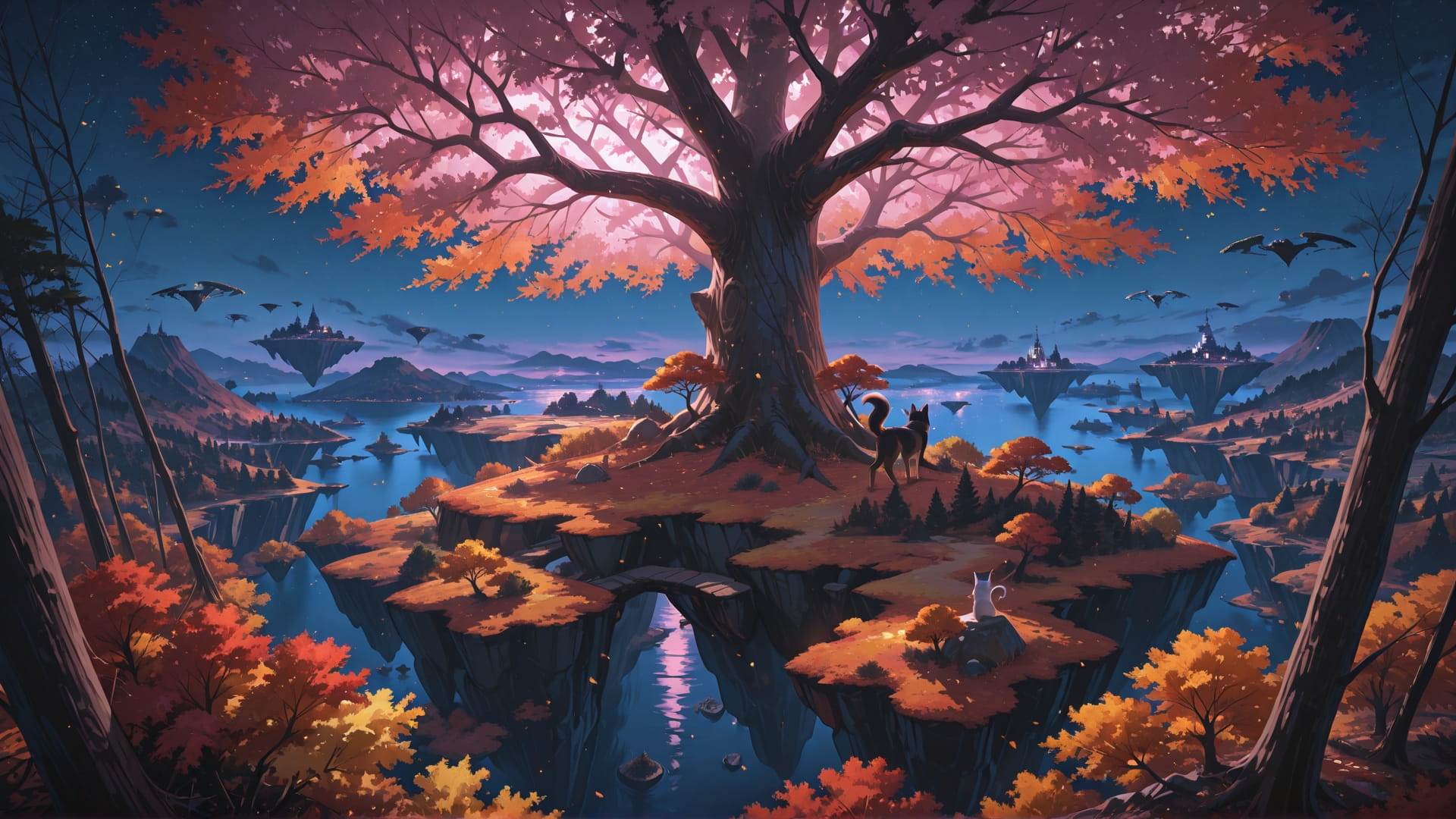 Pink Night Sea FloatingIslands smartphone wallpaper free download, vertical 16:9 format, Pink, Night, Sea, Autumn